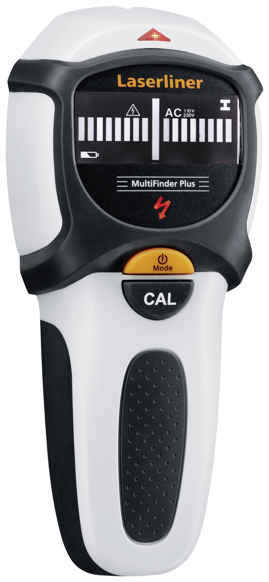 Laserový měřicí přístroj, model 'MultiFinder Plus', zobrazuje stupnici pro střídavý proud a je vybaven kalibračním tlačítkem.