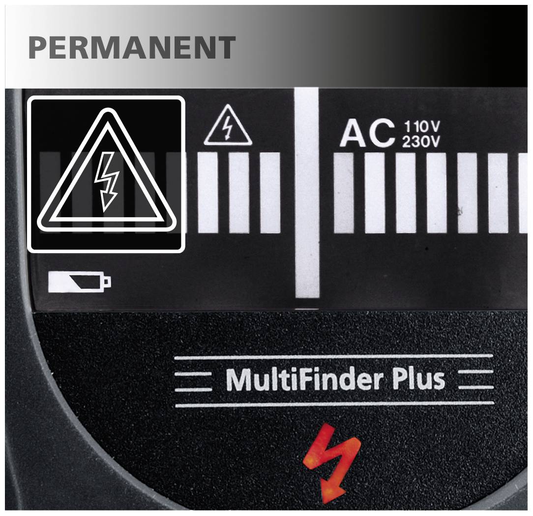 Zařízení 'MultiFinder Plus' s displejem pro rozsah napětí AC 110V-230V a výstražným symbolem elektrického napětí. Indikátor stavu baterie dole.