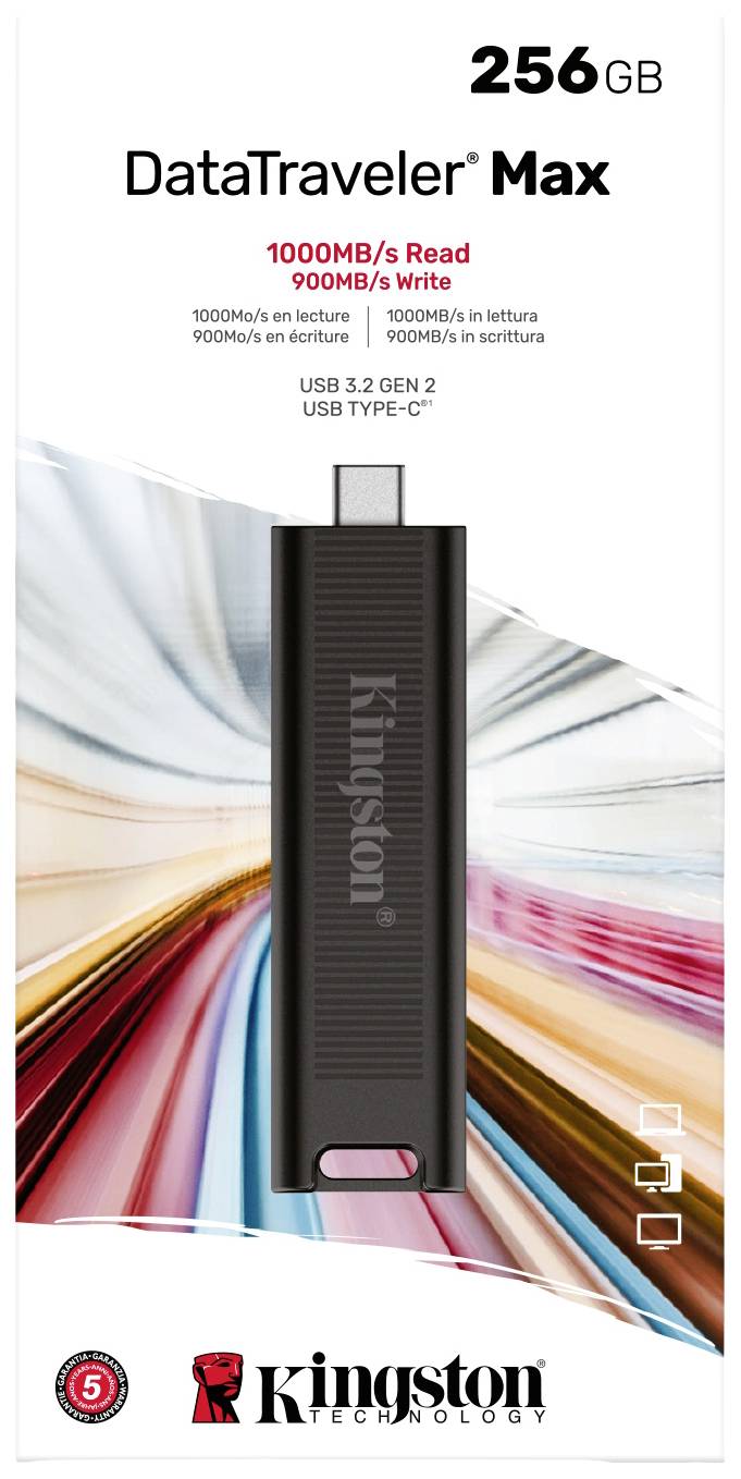 USB flash disk '256 GB DataTraveler Max' od společnosti Kingston, s rychlostí čtení 1000 MB/s a rychlostí zápisu 900 MB/s. USB 3.2 Gen 2, konektor USB Typ-C.