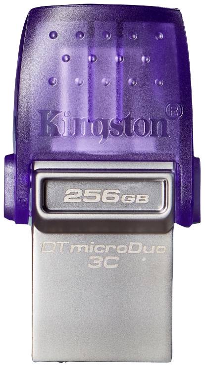 Fialový USB flash disk značky Kingston s kapacitou 256 GB, model 'DT microDuo 3C'.