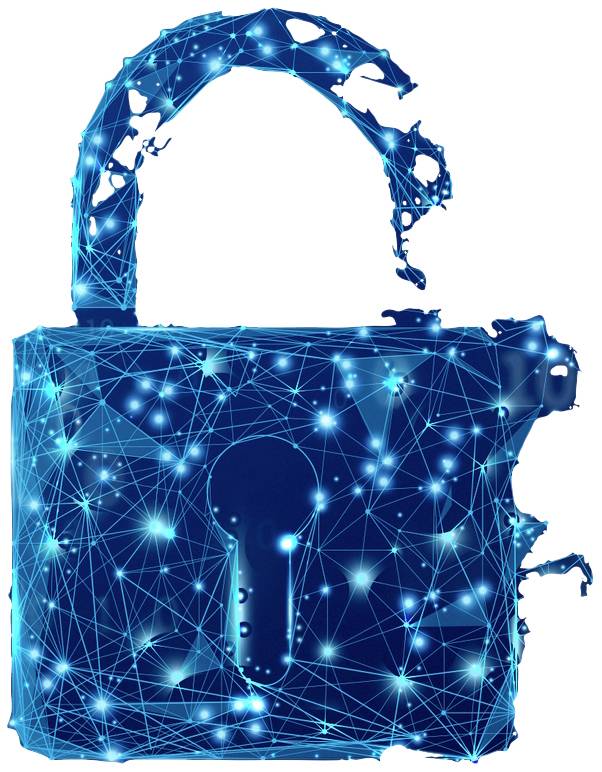 Stylizovaný zámek z jasně modrých bodů a čar symbolizuje bezpečnost dat a propojené digitální systémy.