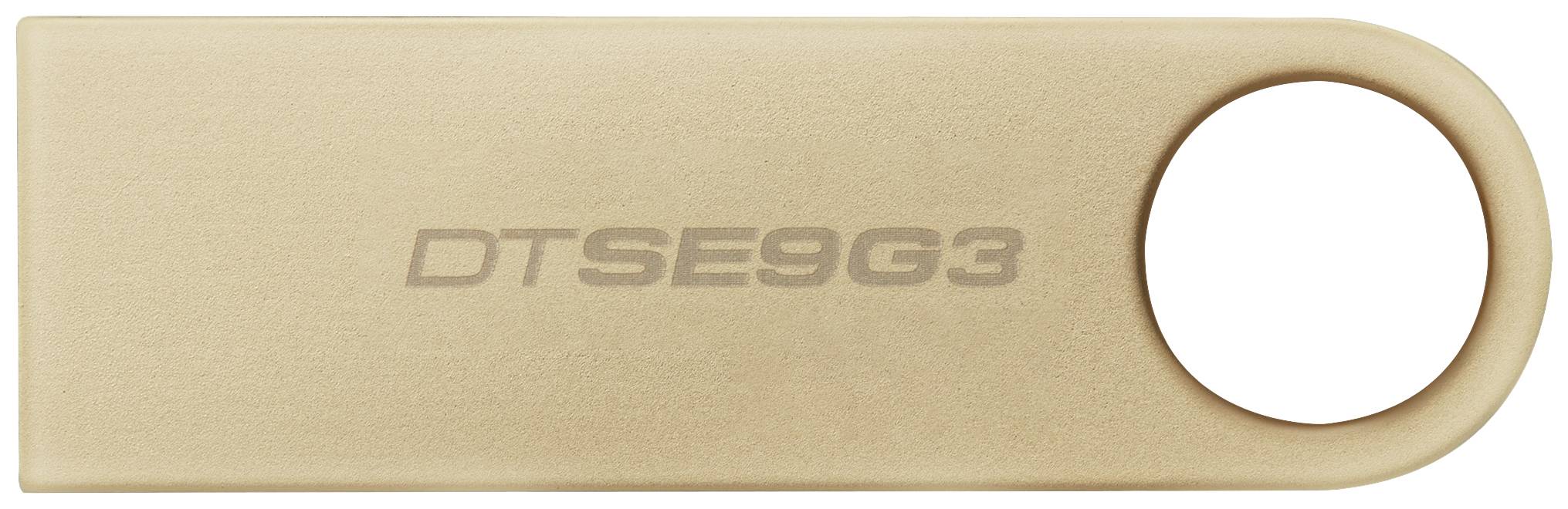 Zlatý USB disk s nápisem 'DTSE9G3' a velkým otvorem na konci.