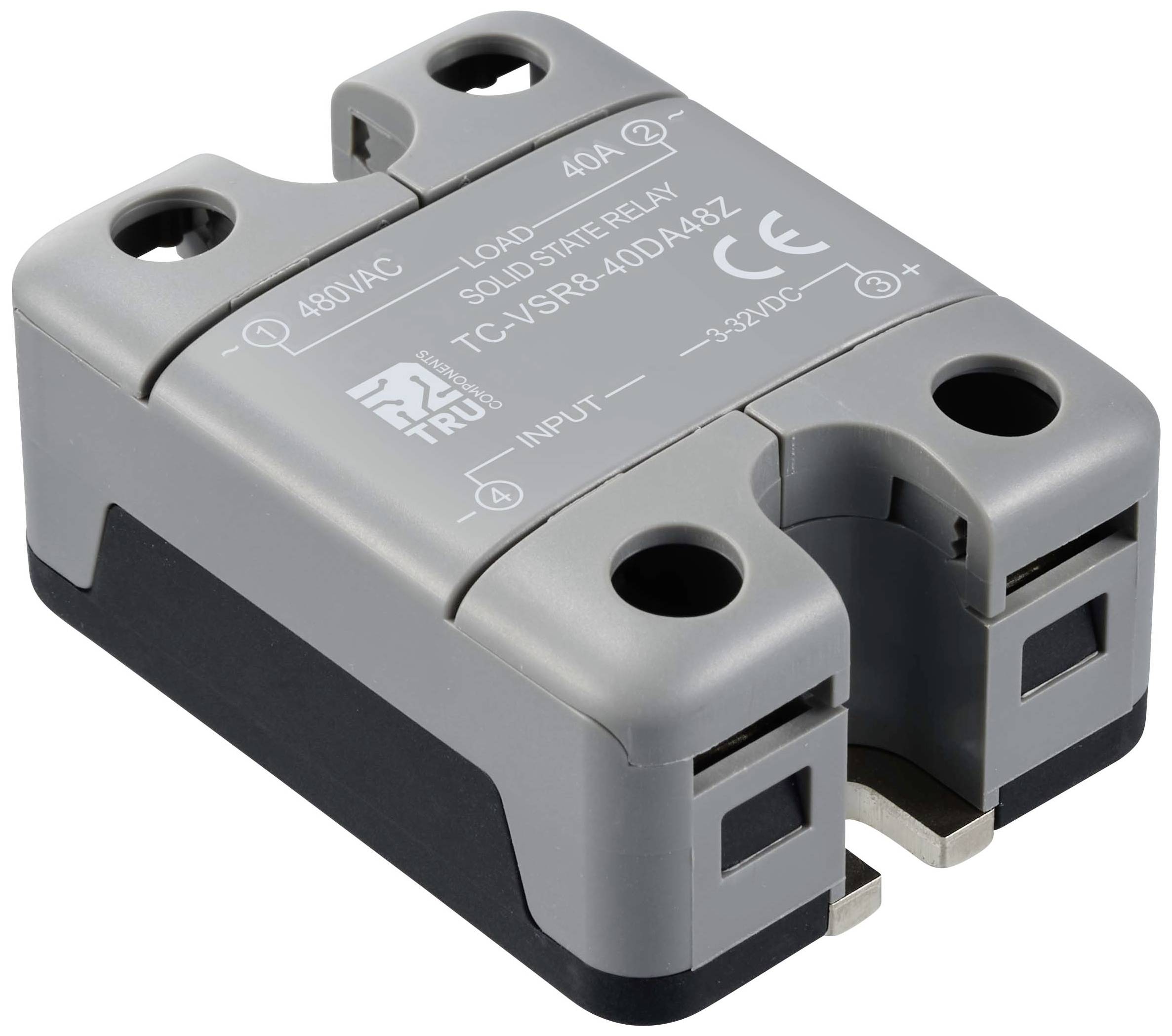 Šedé polovodičové relé s nápisem '480VAC 40A Solid-State Relay'. Vhodné pro spínání zátěží v průmyslových aplikacích.