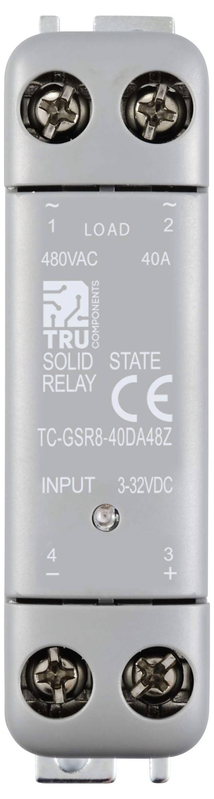 Obdélníkové polovodičové relé společnosti TRU Components, model TC-GSR8-40DA48Z, 480VAC, 40A, s rozsahem vstupního napětí 3-32VDC.