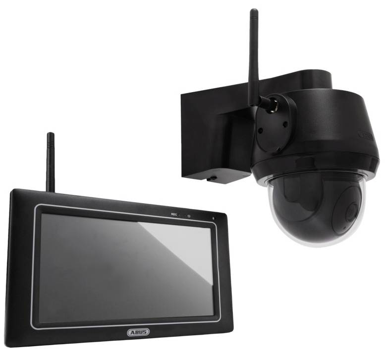 Kamera s monitorem pro sledování. Kamera je umístěna v kopulovitém krytu a připevněna na nástěnném držáku. Monitor nezobrazuje žádný obraz.