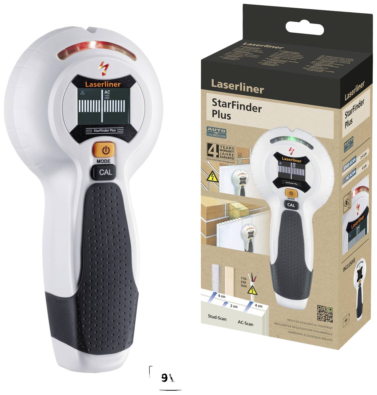 Elektronický kovový detektor a jeho obal. Zařízení zobrazuje sloupcový indikátor pro kalibraci. Na obalu jsou znázorněny příklady použití.