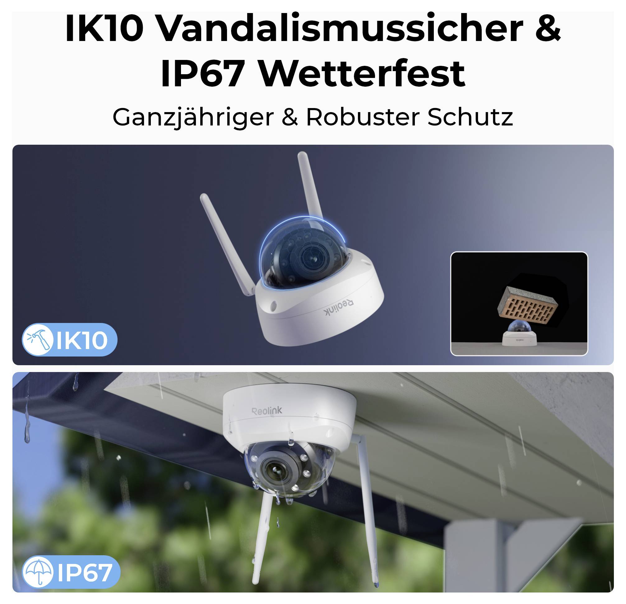 Bezpečnostní kamera s krytím IK10 odolnou proti vandalismu a IP67 odolnou vůči povětrnostním vlivům, robustní ochrana, zobrazená namontovaná venku pod okapem ve dešti.