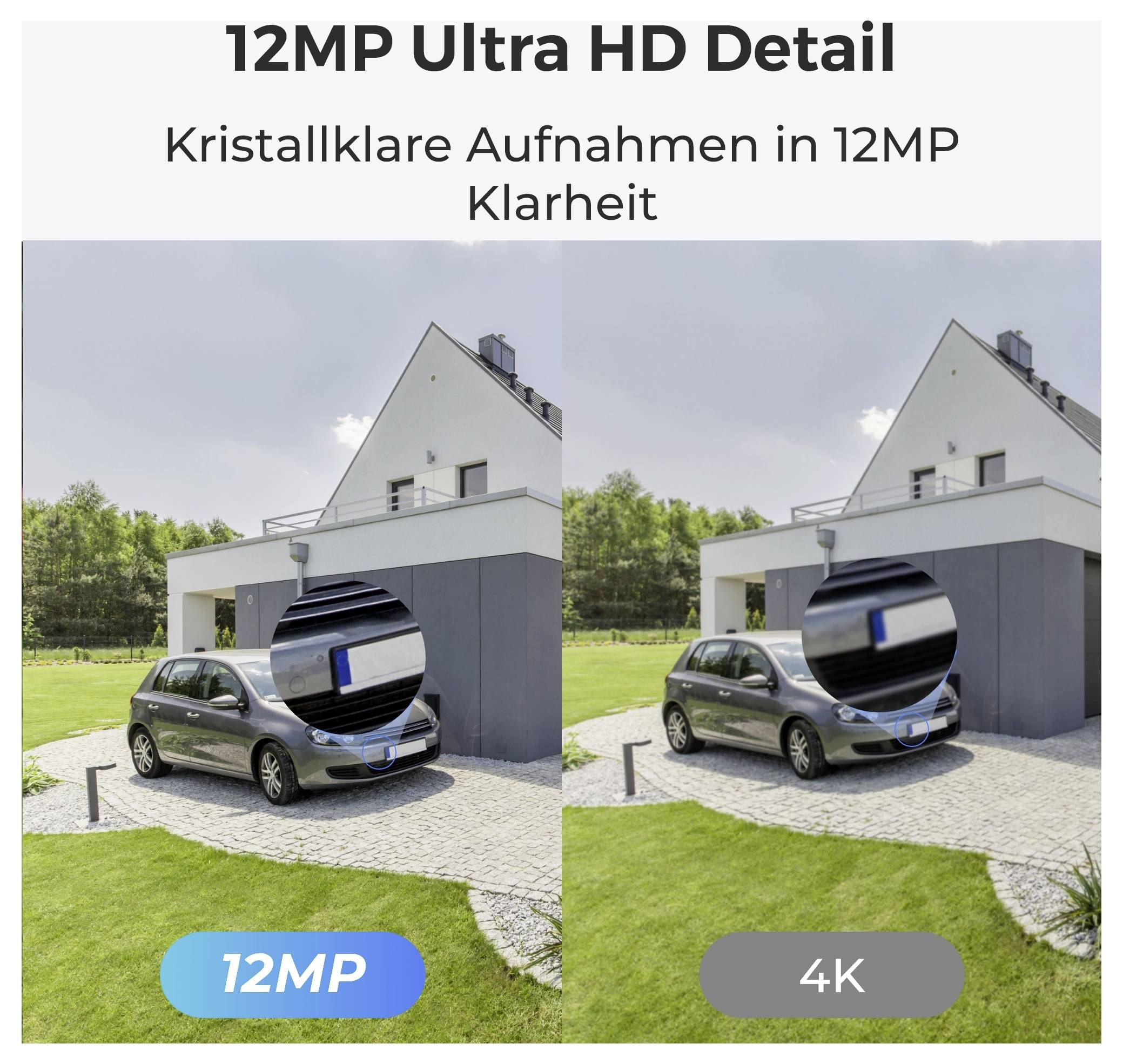 "12MP Ultra HD Detail" zobrazující srovnání kvality obrazu 12MP a 4K na domě a autě.