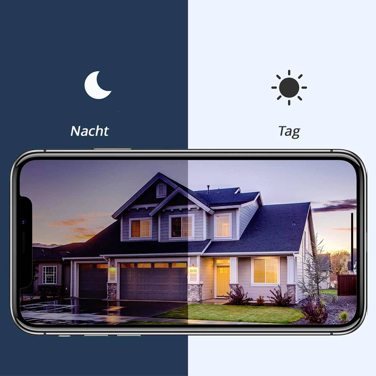 Fotografie na mobilním telefonu ukazuje dům. Levá polovina obrazovky zobrazuje noční scénu, pravá strana ukazuje dům za denního světla.