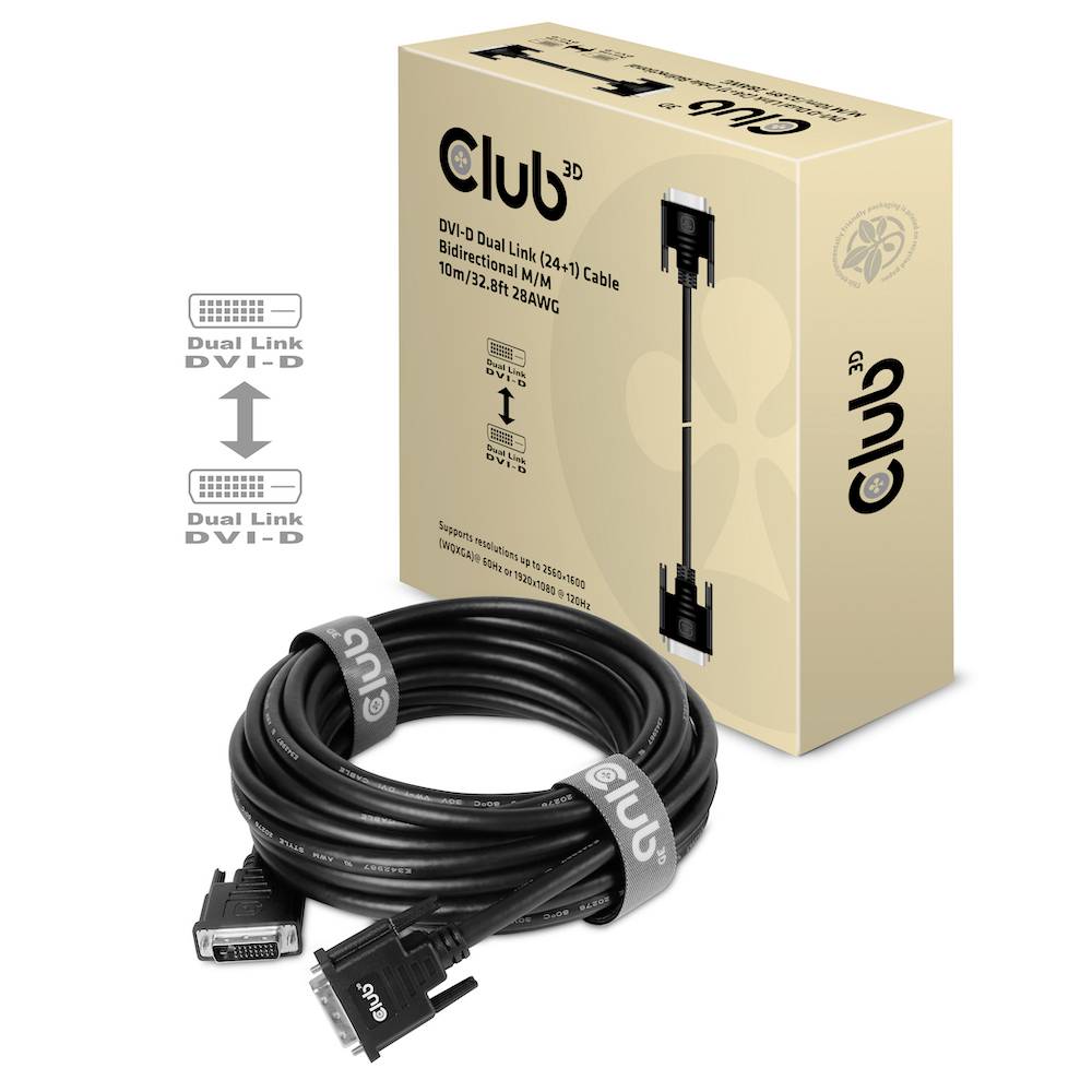 'DVI-D Dual Link (24+1) kabel 10m/32,81 stop, 28AWG', zobrazuje obal kabelu a svinutý kabel s DVI-D konektory.