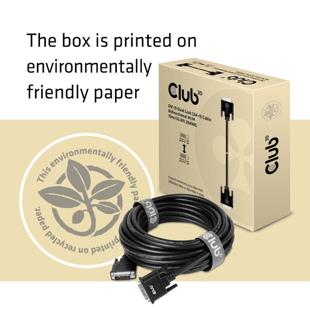 Kabel DVI-D Dual Link; šetrný k životnímu prostředí obal" zobrazuje černý kabel a udržitelnou kartonovou krabičku s ekologickým označením.