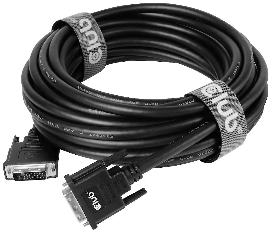 Černý DVI kabel, svinutý, s dvěma koncovkami a šedými kabelovými sponkami. Značka 'Club 3D' na sponkách.