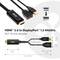 HDMI-to-DisplayPort adaptér s napájením. Vlevo konektor HDMI, vpravo konektor DisplayPort a USB. Rozměry: 9,5 x 4,8 x 2 cm.