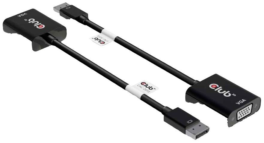 Dva černé adaptérové kabely z DisplayPort na VGA s nápisem 'Club' a viditelným VGA konektorem, určené pro připojení monitoru.