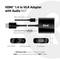 HDMI 1.4 na VGA adaptér s audiokonvekcí M/F v černé barvě. Zobrazuje konektory: Micro USB, HDMI, Audio Jack výstup, USB-C napájení a VGA výstup. Obsahuje USB napájecí kabel. Audio kabel není součástí balení.