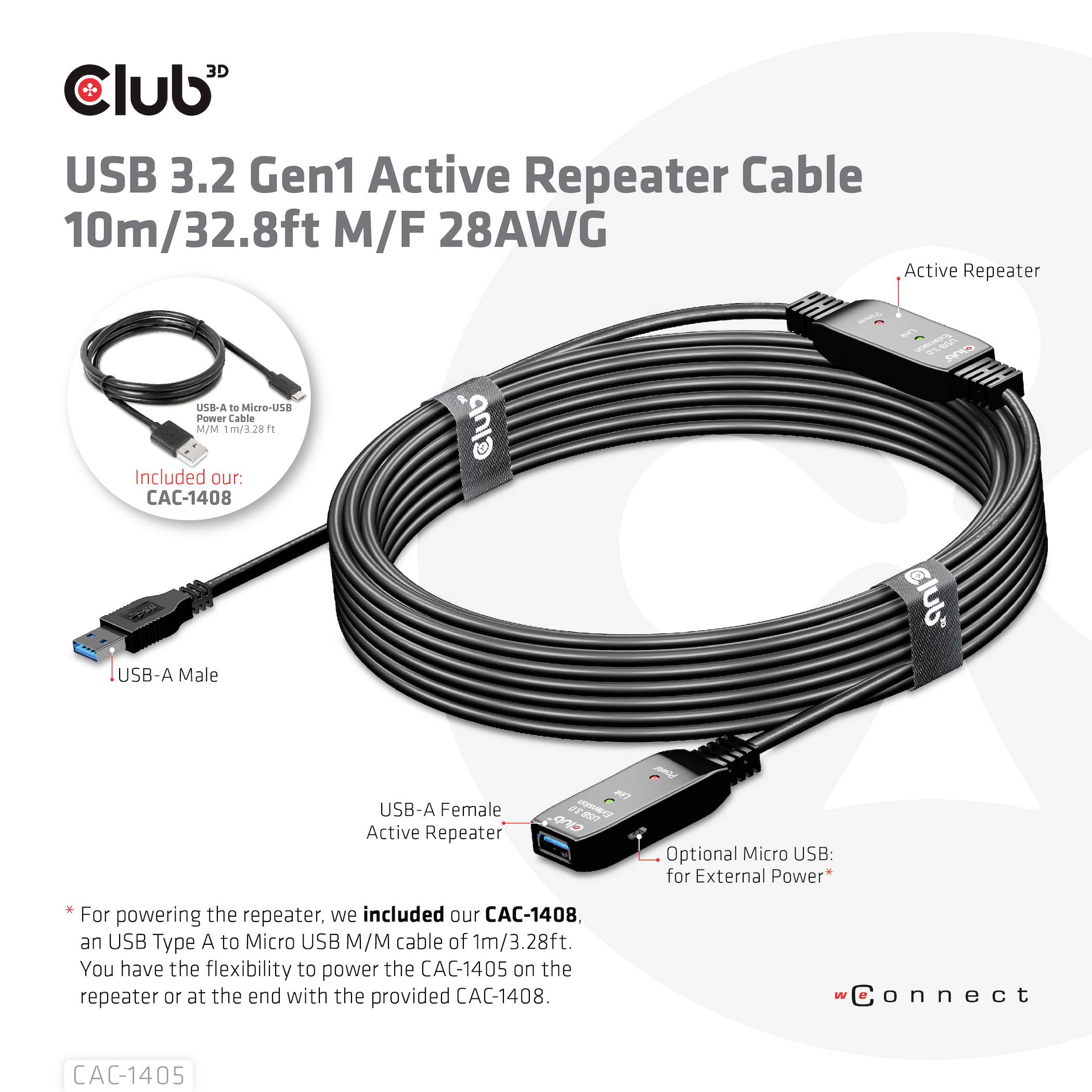 USB 3.2 Gen1 opakovačový kabel, 10 m, samec/samice, 28 AWG, vyžaduje CAC-1408. Kabelový svazek s USB konektory zobrazen.