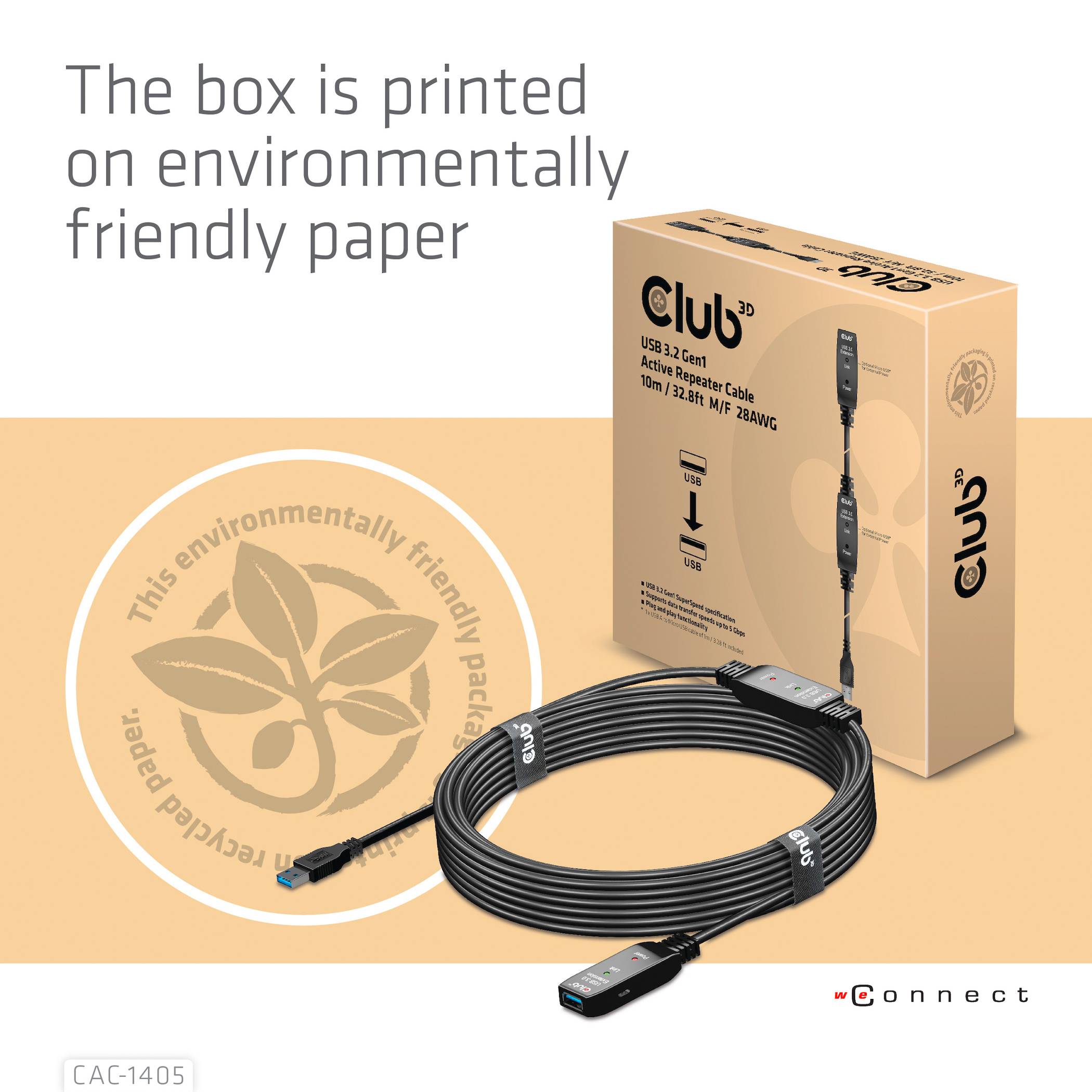 Obal USB 3.2 kabelu je potisknut šetrně k životnímu prostředí. Na obalu je zobrazen kabel s konektory a symbolem recyklace.
