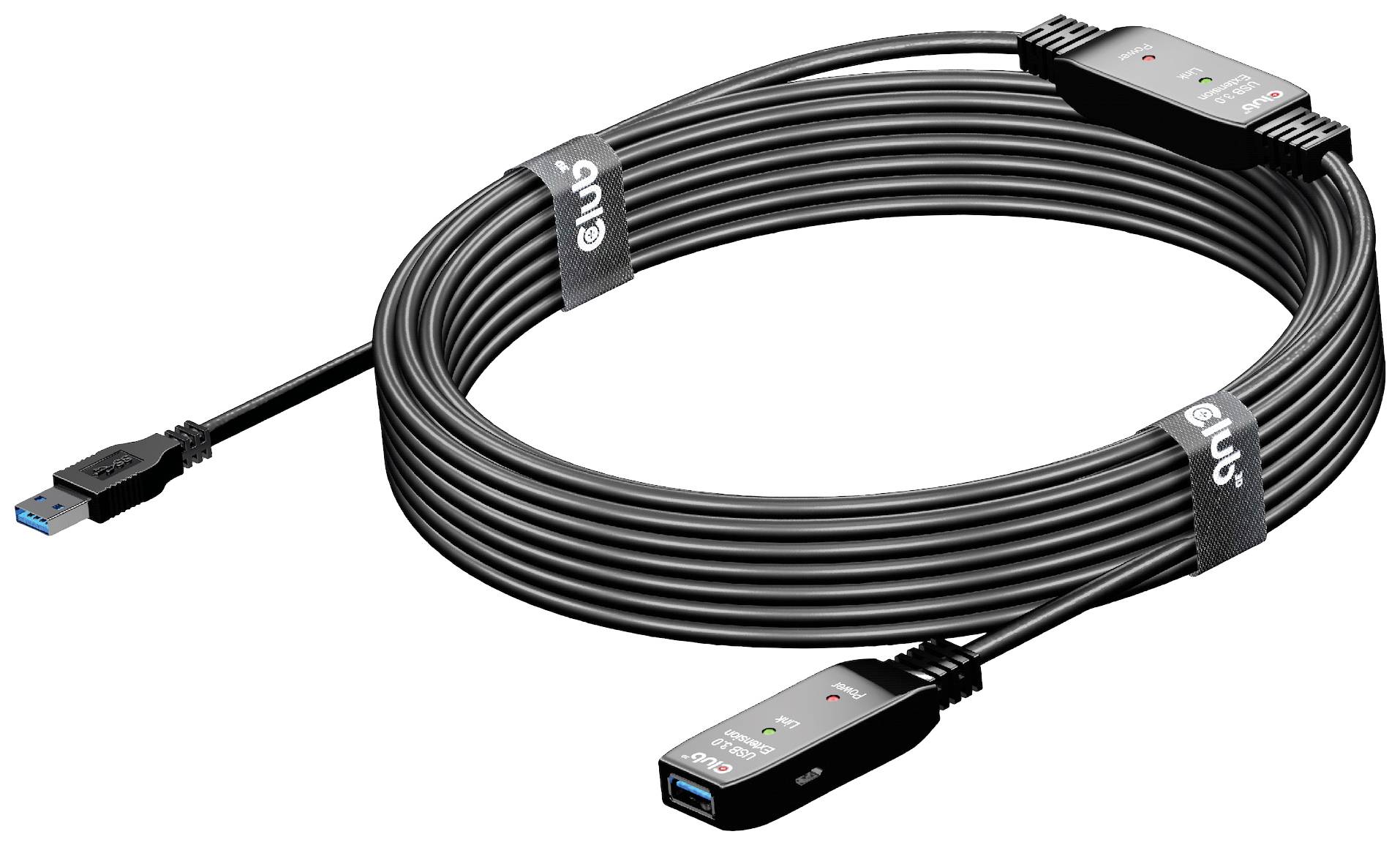 Dlouhý černý USB kabel se dvěma konektory, každý s osvětleným zeleně-červeným symbolem. Kabel je několikrát stočený.