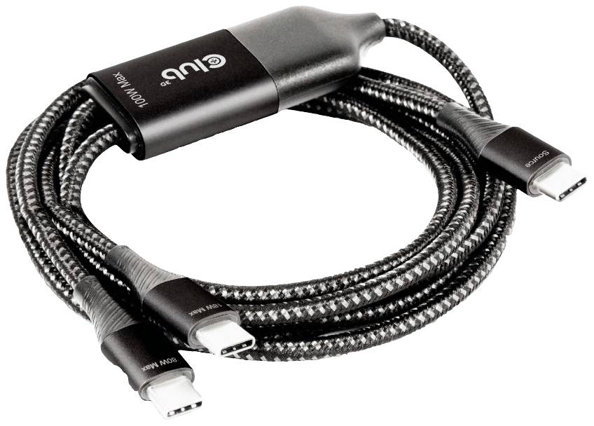Černý pletený USB-C kabel se třemi konektory, dva malé a jeden velký, vhodný pro nabíjení nebo přenos dat.