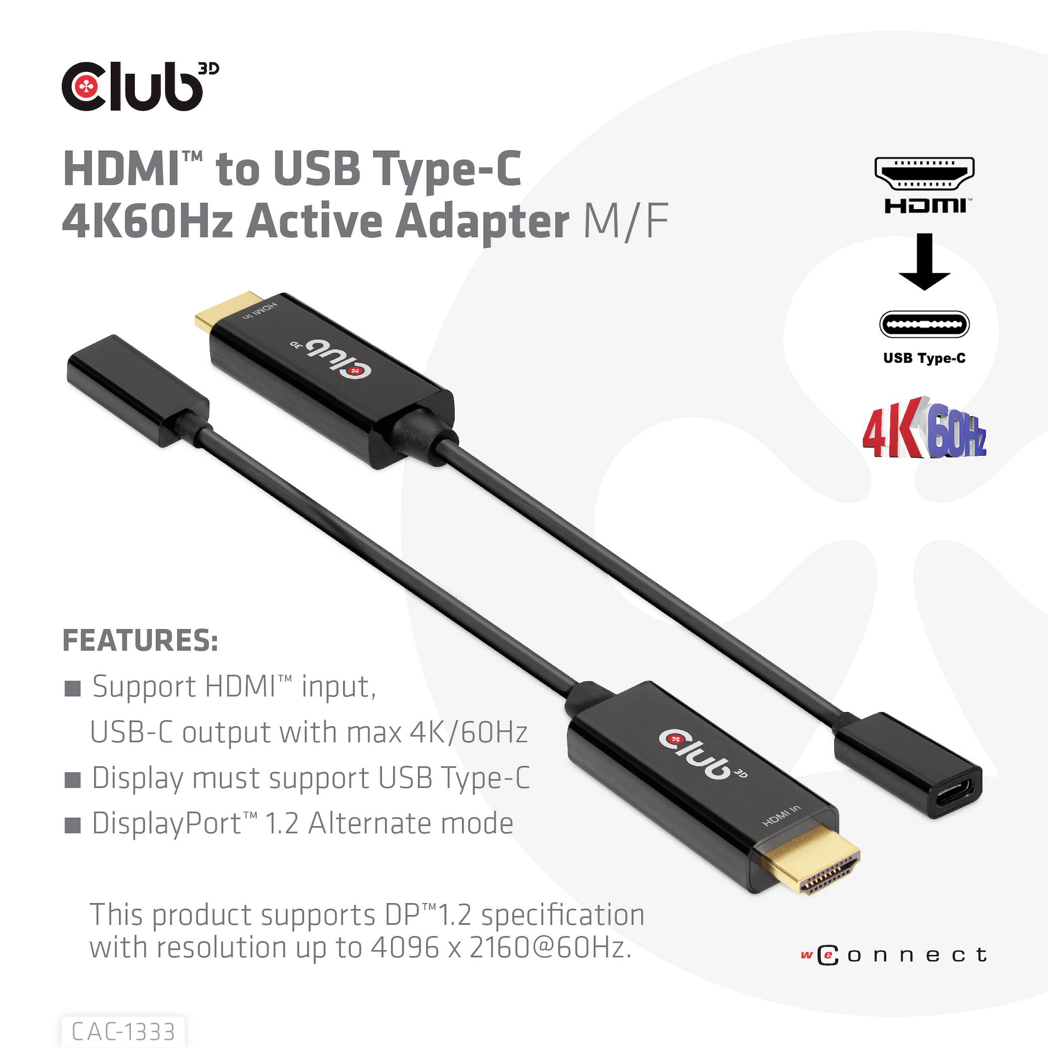 Adaptér Club 3D HDMI na USB Type-C zobrazuje symboly HDMI, USB-C a 4K60Hz. Podporuje 4K/60Hz. Alternativní režim DisplayPort 1.2.