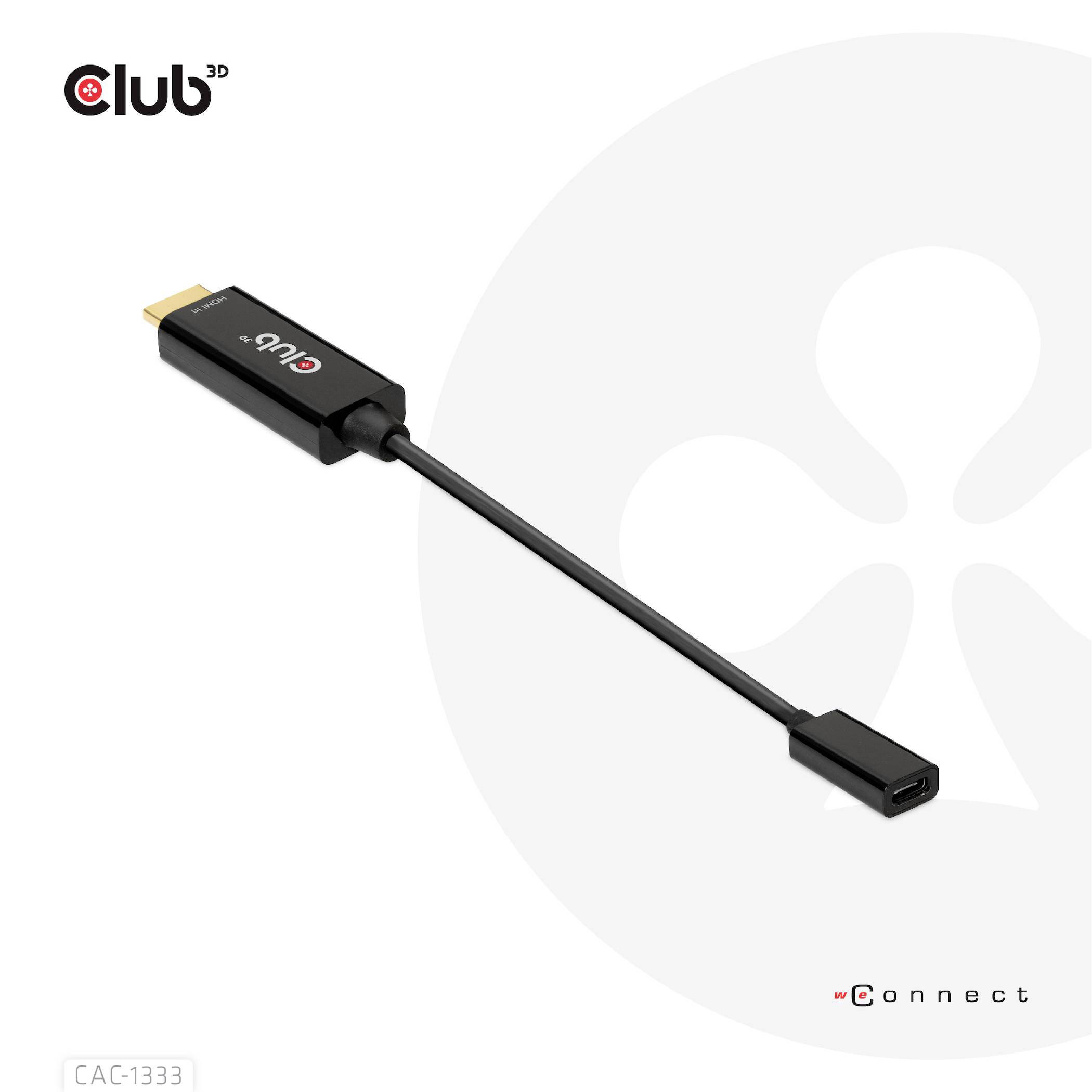 Černý USB-C na HDMI adaptér od společnosti Club3D, vhodný pro propojení zařízení s různými konektory.