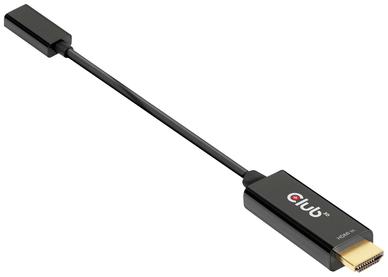Adaptérový kabel značky 'Club' s HDMI konektorem a DisplayPort zdířkou, černé barvy. Vhodný pro přenos videa a audia.