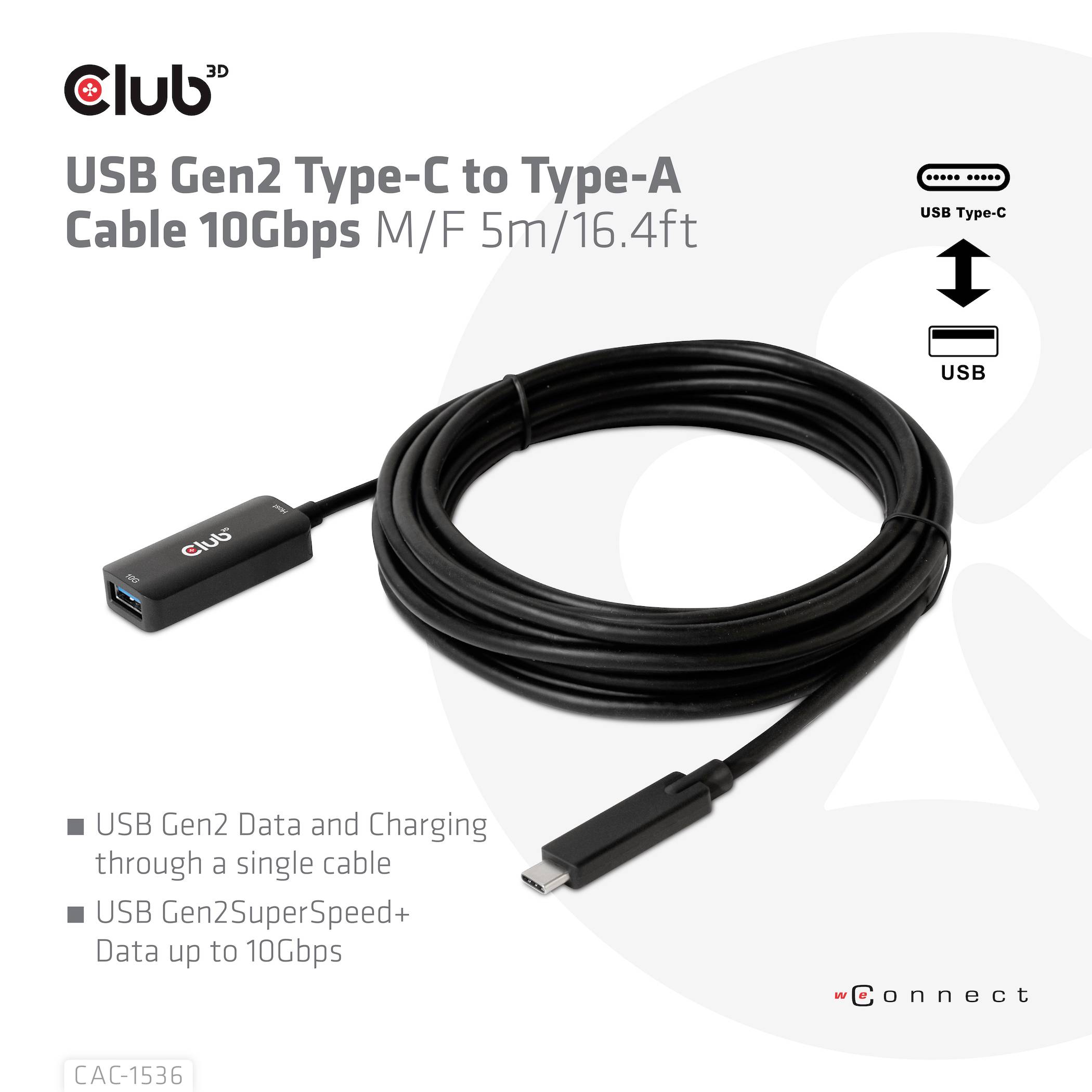 USB-C na Type-A kabel pro přenos dat a nabíjení, 5m, 10Gbps, zobrazený s detailem konektoru.