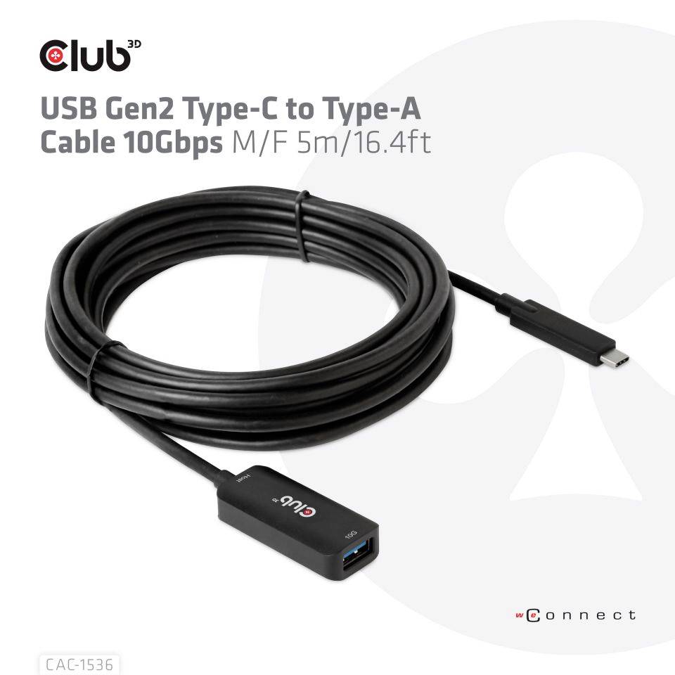 USB Gen2 Type-C na Type-A kabel, 10 Gbps, 5 m. Černý kabel s konektory, vhodný pro rychlý přenos dat.