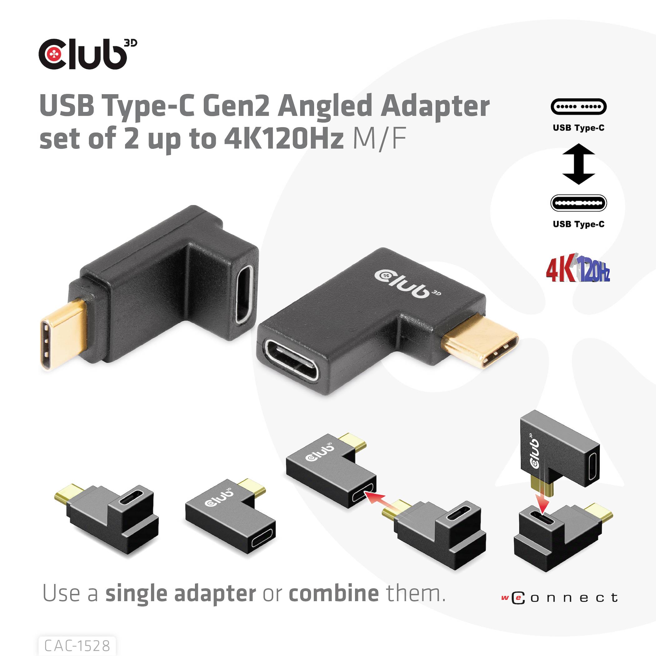 USB Type-C adaptérová sada Gen2 úhlová (M/F) pro 4K120Hz. Zobrazuje dva adaptéry, symboly USB typů a logo 4K120Hz. Model: CAC-1528.