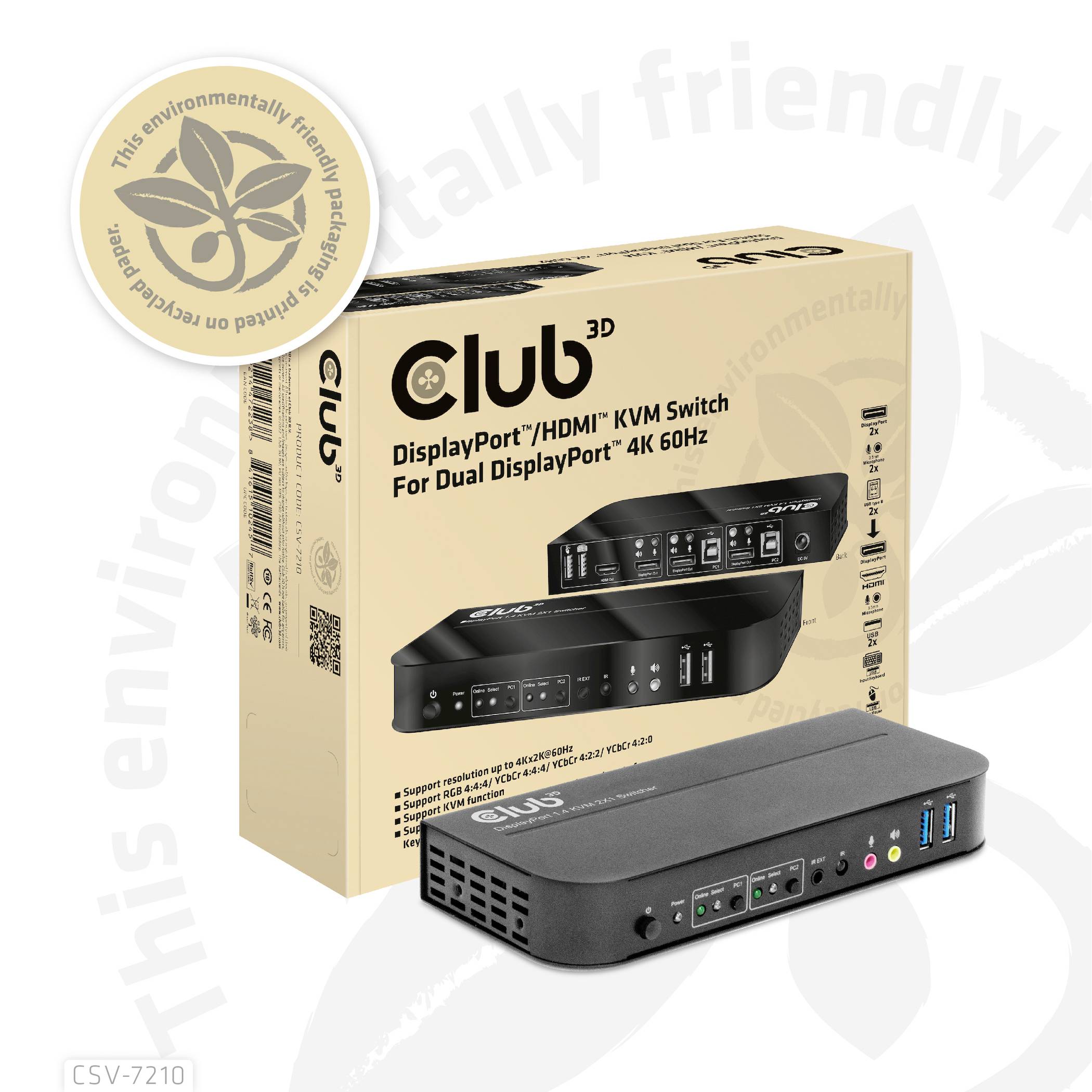 '3D Club DisplayPort/HDMI KVM přepínač pro dva displeje', duální displej 4K 60Hz. Zobrazuje balení a zařízení s připojeními.