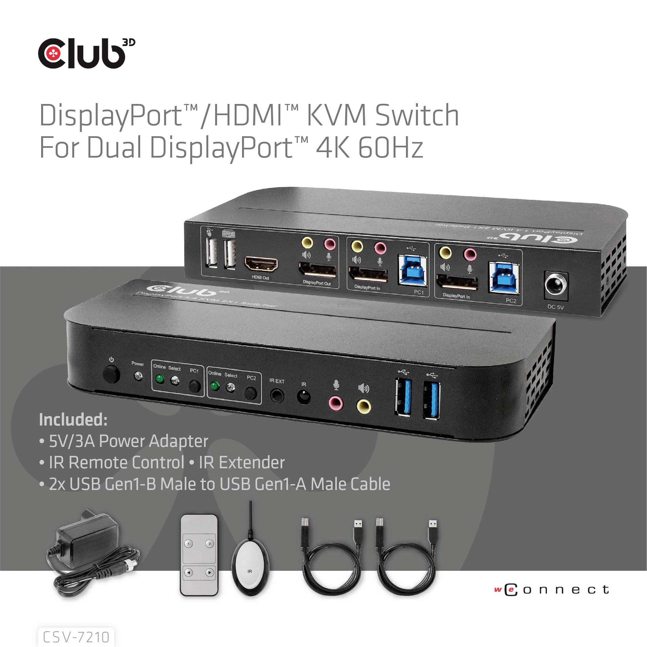 KVM přepínač pro dva DisplayPort displeje 4K 60Hz; obsahuje síťový adaptér, IR dálkový ovladač, IR prodlužovací kabel, 2 USB kabely.