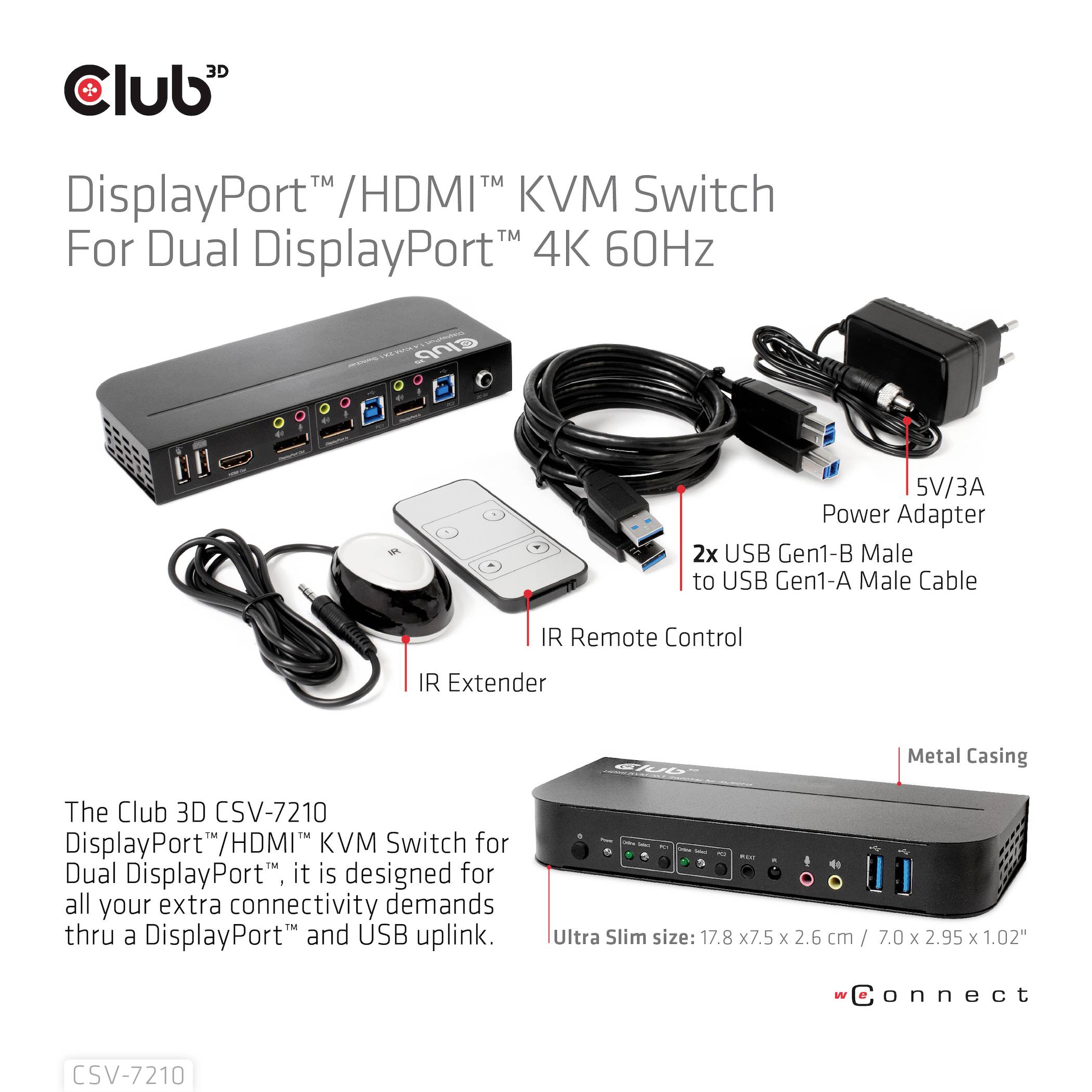 Přepínač KVM s rozhraním DisplayPort™/HDMI™ pro duální DisplayPort™ 4K 60Hz zobrazuje zařízení, kabely, dálkový ovladač a napájecí adaptér. Kompaktní rozměry a kovový kryt.
