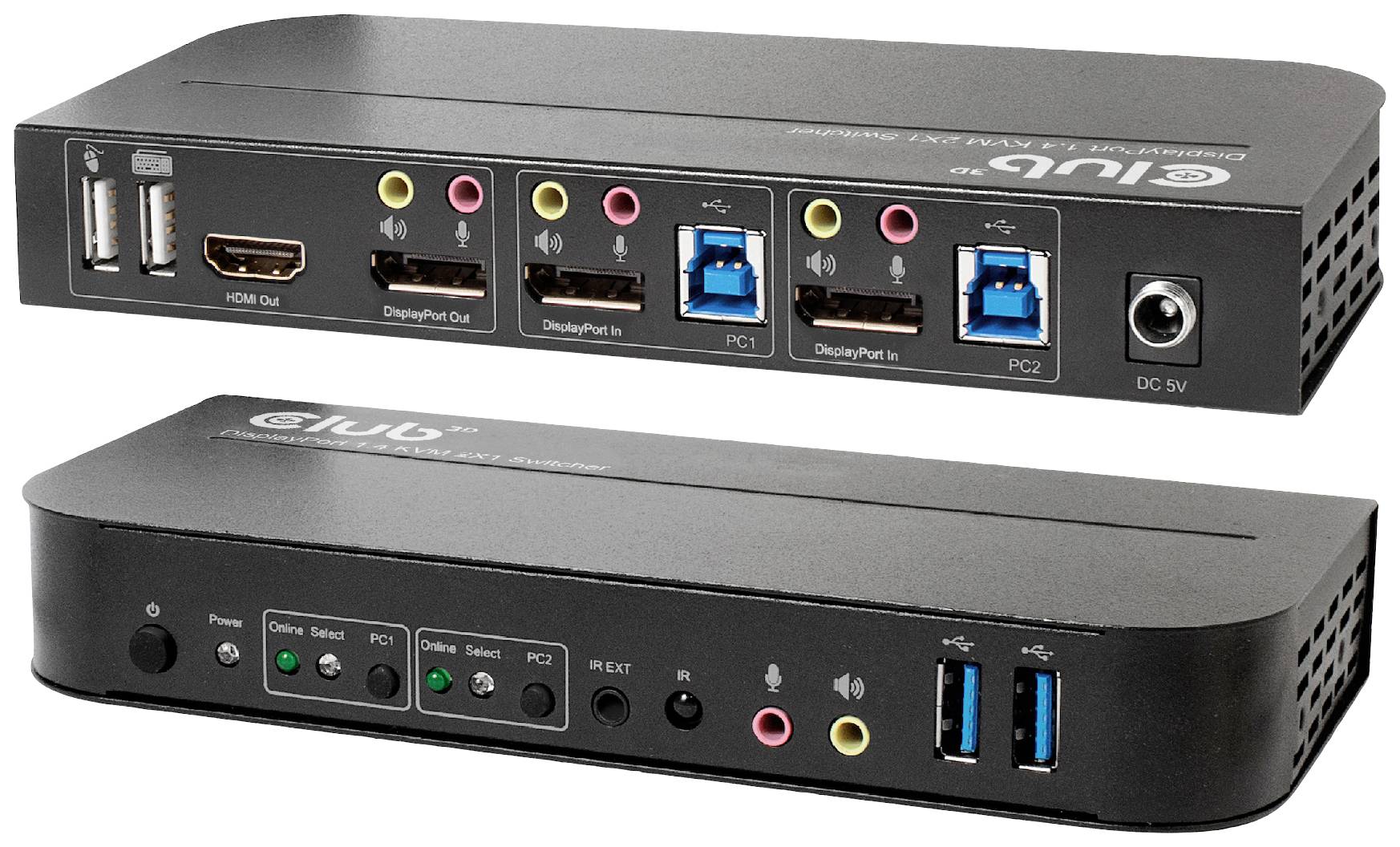 USB/HDMI/DisplayPort KVM přepínač se čtyřmi porty, umožňující přepínání mezi počítači a různými audio/video vstupy. Vhodný pro multikomputerové konfigurace.