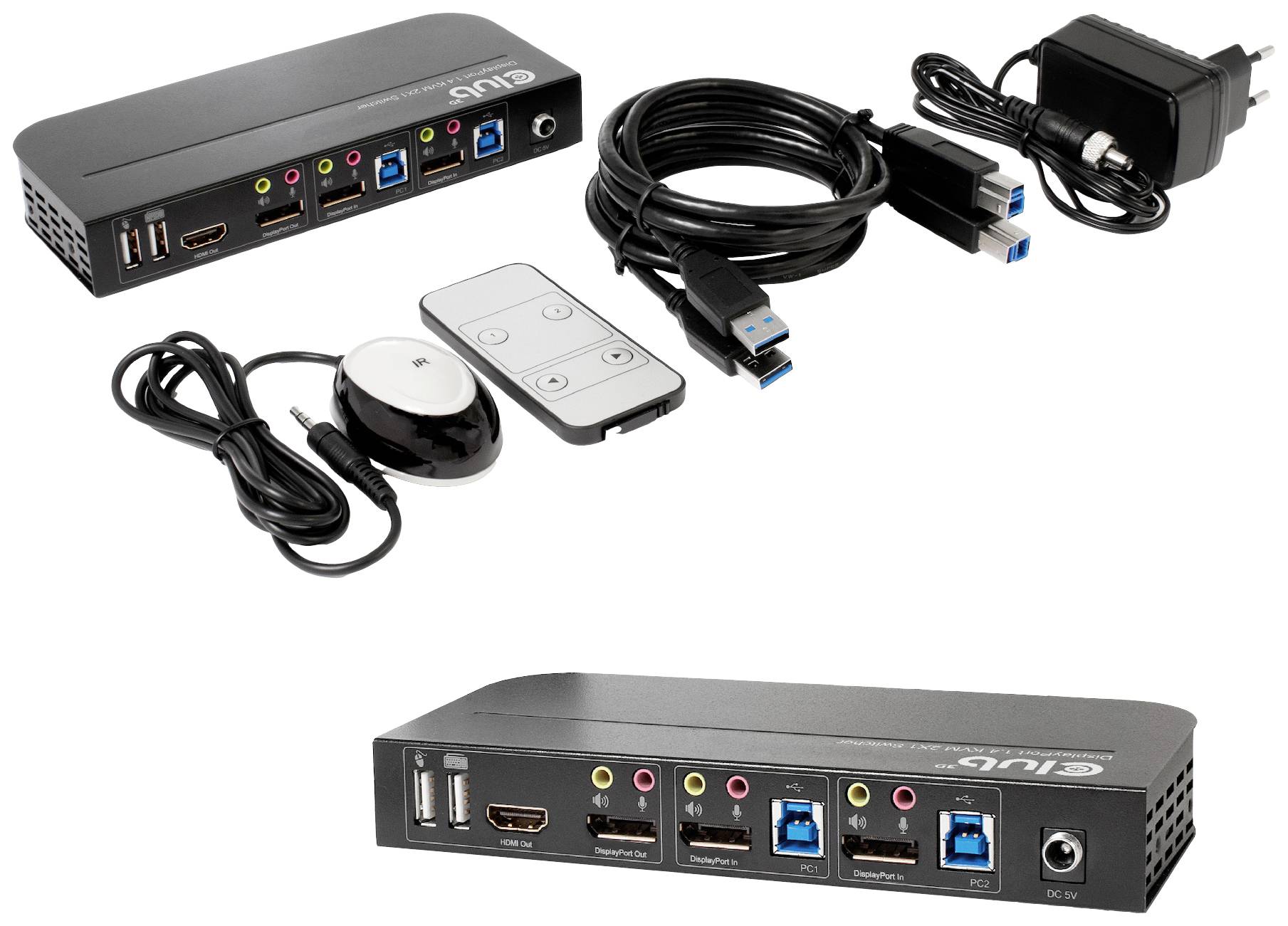 HDMI přepínač s několika porty, dálkovým ovládáním a kabely. Horní a zadní pohled ukazují různé vstupní a výstupní porty.