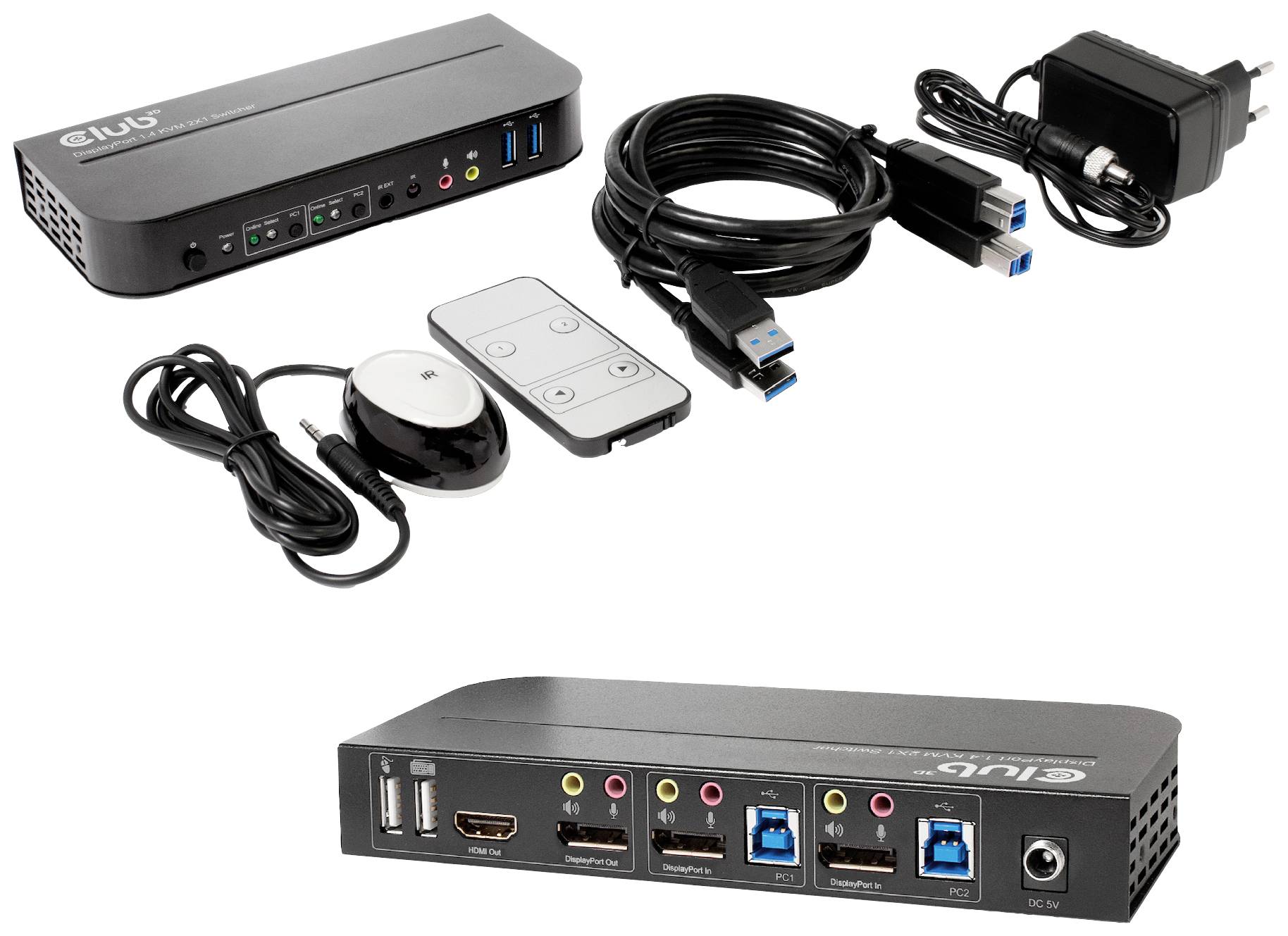 USB přepínač se sadou dvou zařízení pro připojení několika počítačů, včetně příslušenství jako dálkového ovládání a kabelů. Ideální pro kancelářské použití.