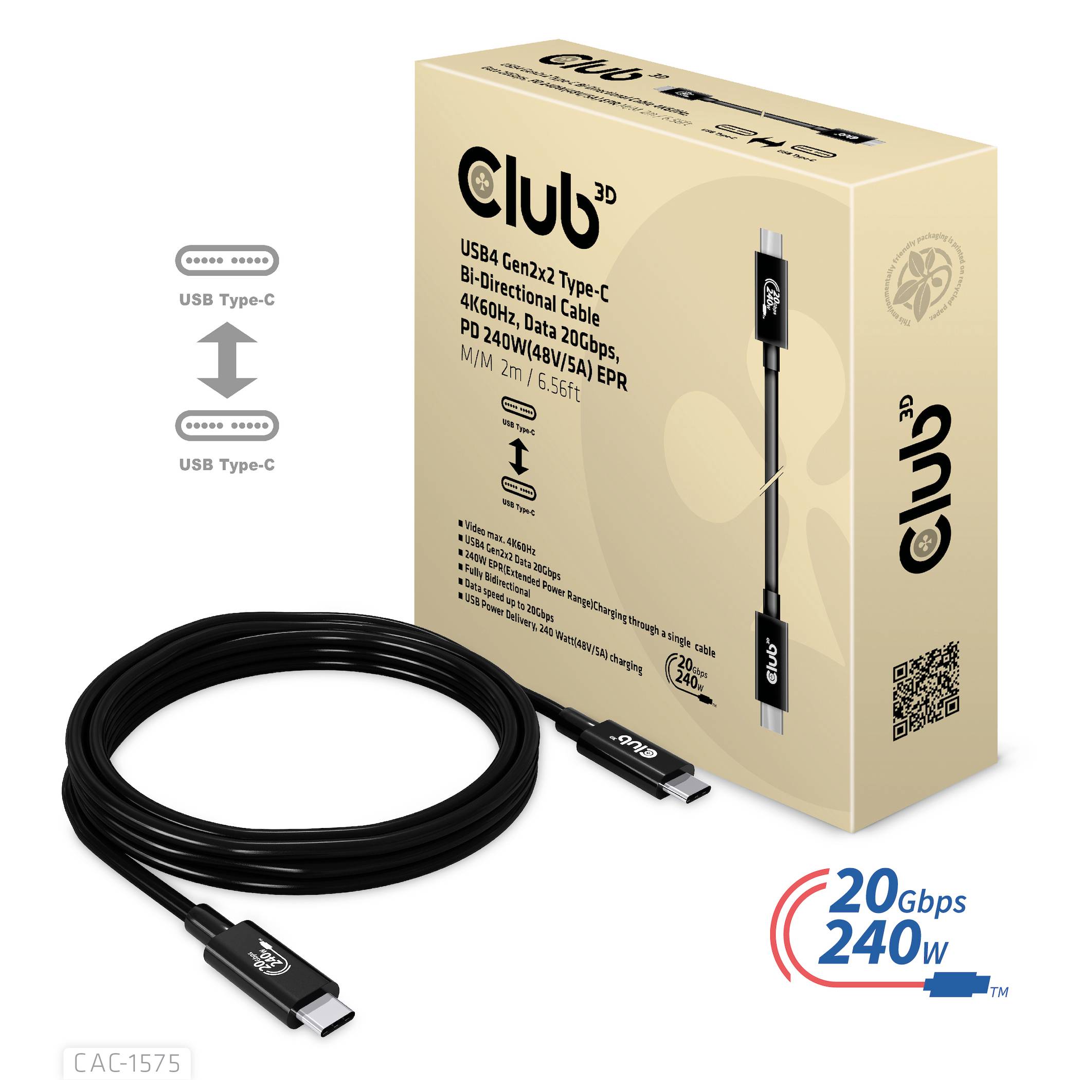 Kabel Club3D USB4 Gen2 Type-C, 2m, podporuje obousměrné rychlonabíjení 240W, přenos dat 40Gb/s, ideální pro 4K/60Hz.