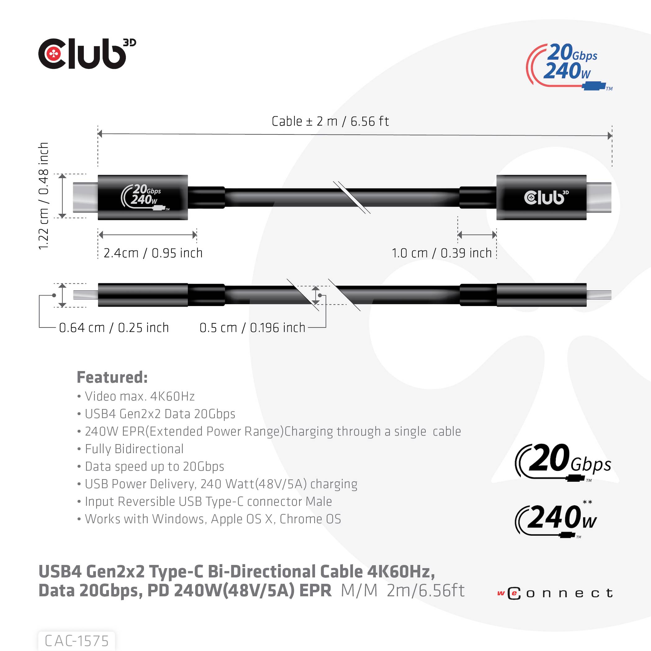 USB kabel, typ C, obousměrný, 4K 60Hz, 240W. Délka: 2 m/6,56 stop; Přenosová rychlost: 20 Gb/s. Funkce: Video, USB4, Power Delivery.
