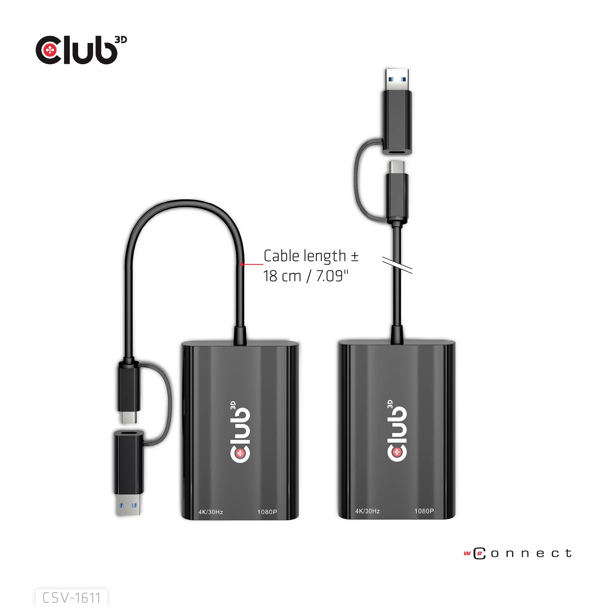 Dva černé adaptéry s USB porty; délka propojovacího kabelu je přibližně 18 cm. Označené jako 4K30Hz, 1080P.