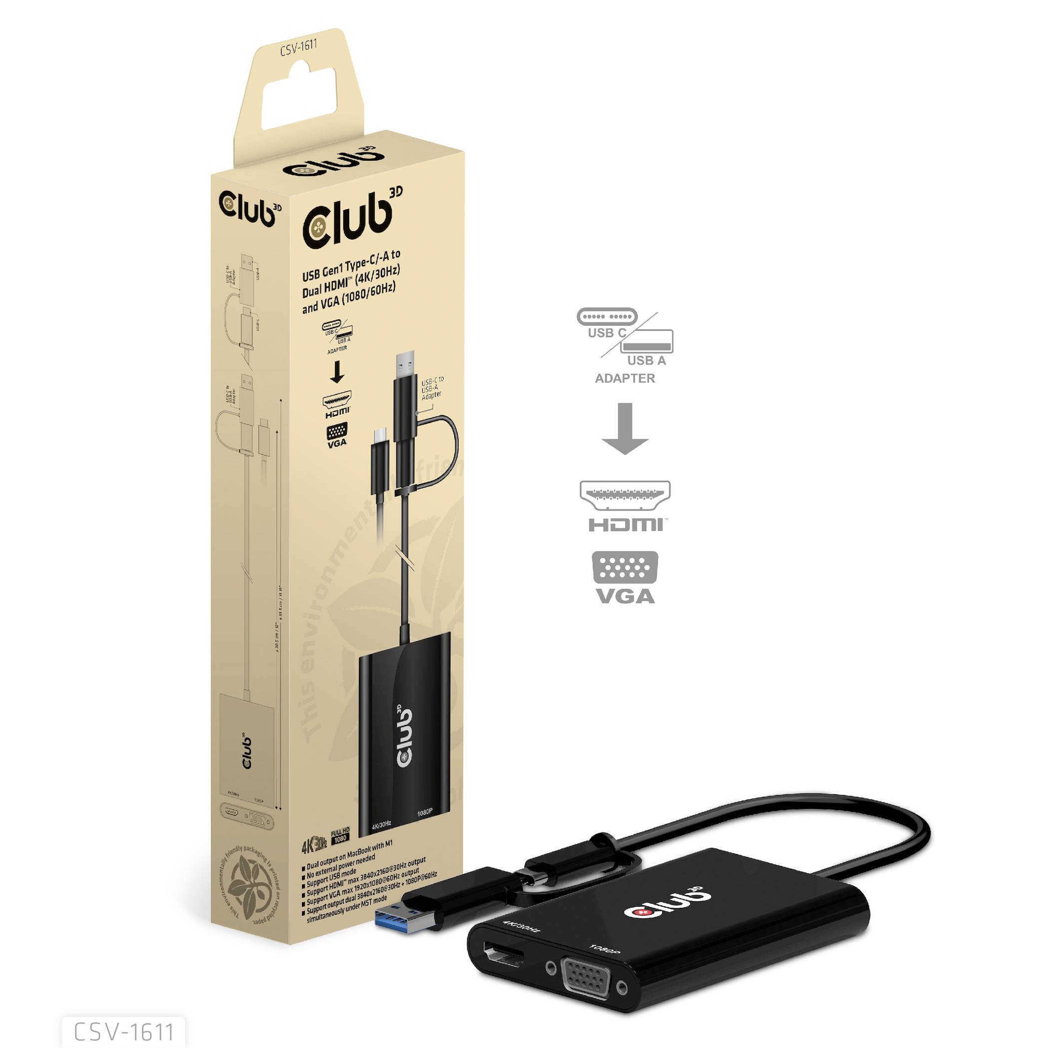Adaptér USB 3.0 na HDMI a VGA od Club 3D s balením. Umožňuje připojení zařízení s HDMI nebo VGA k portu USB.