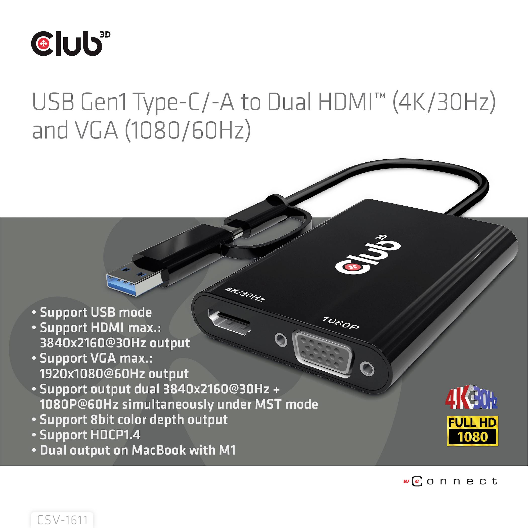 USB adaptér s USB-C konektorem a portům pro duální HDMI (4K/30Hz) a VGA (1080p/60Hz), vhodný pro MacBook s M1.