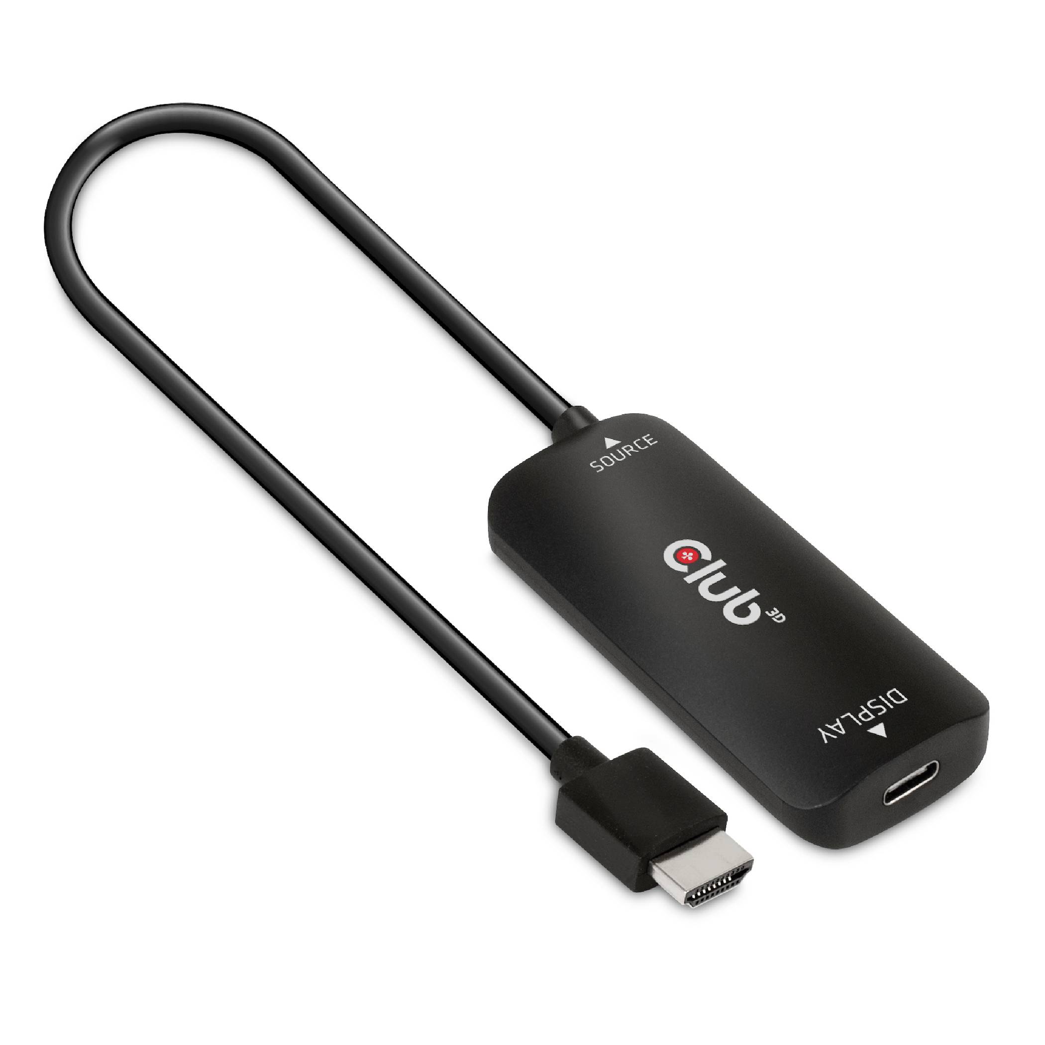 Černý HDMI-to-DisplayPort adaptér od společnosti 'Club 3D'. Vlevo konektor HDMI, vpravo adaptér s výstupem DisplayPort.