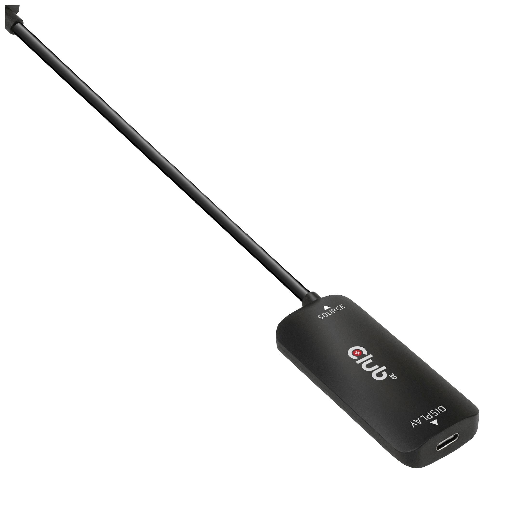 Černý Club 3D USB-C na DisplayPort adaptérový kabel pro připojení kompatibilních zařízení se vstupem DisplayPort.