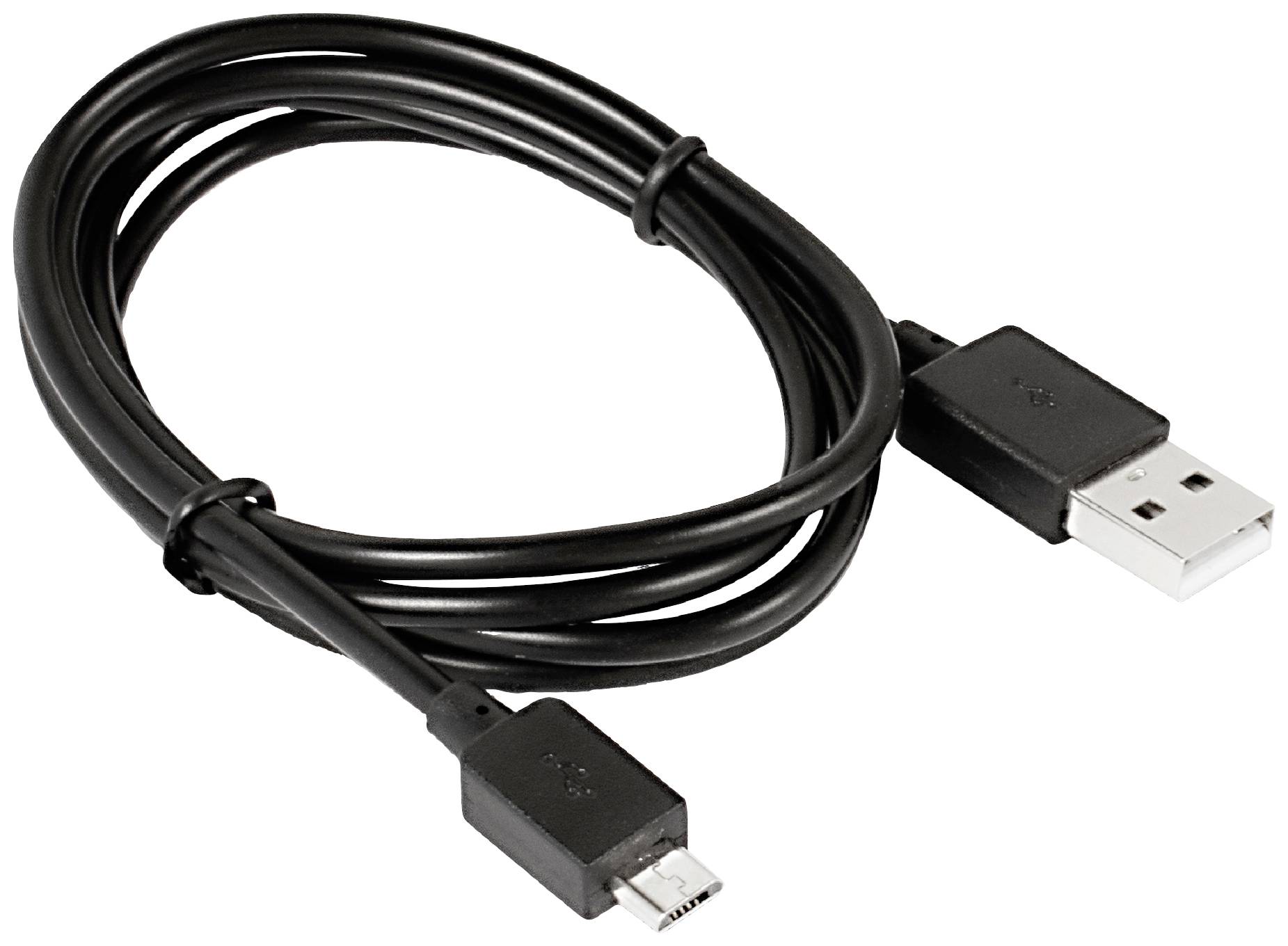 Černý USB kabel s USB-A konektorem a Micro-USB konektorem, svinutý do kulatého svazku.