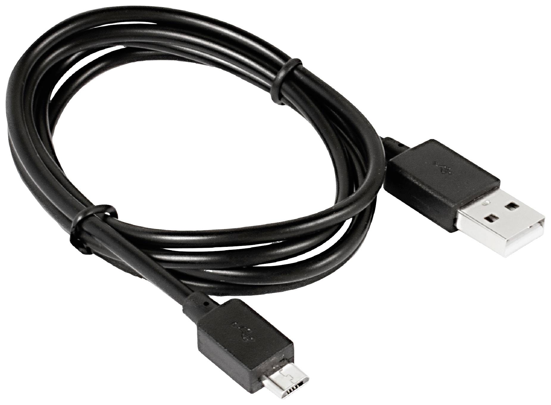 Černý USB kabel se standardním USB konektorem na jedné straně a micro-USB konektorem na straně druhé.