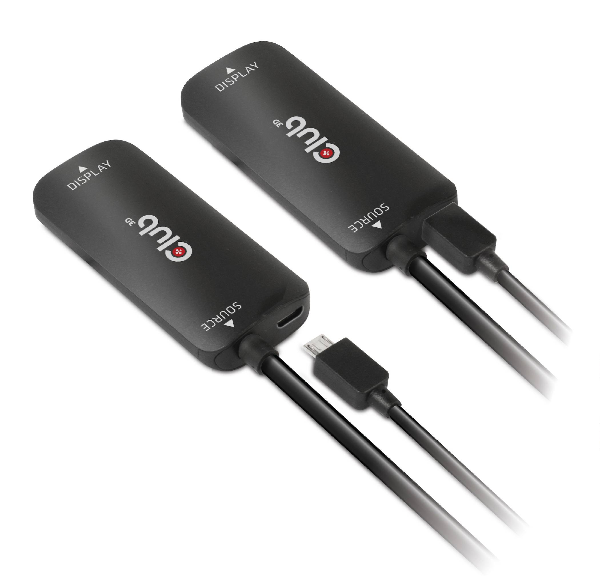 Dva černé HDMI adaptéry, jeden označený jako „Display" a druhý jako „Source", propojené mikroUSB konektory.