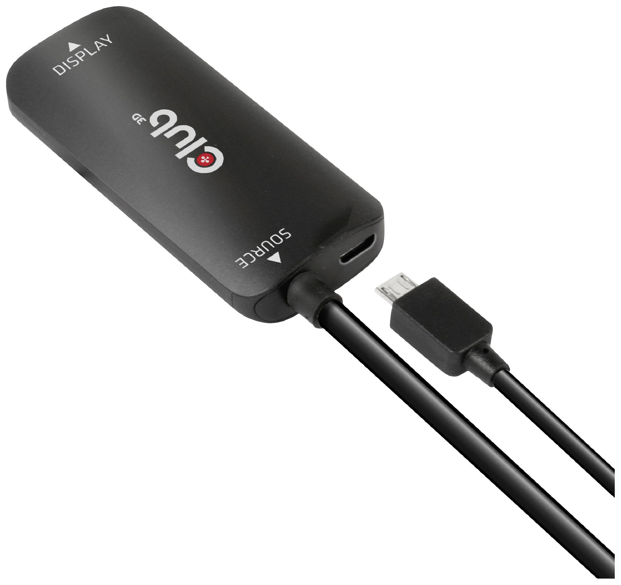 Černý HDMI adaptér s označením 'Display' a 'Source', včetně USB kabelu, vhodný pro propojení zařízení s monitorem.