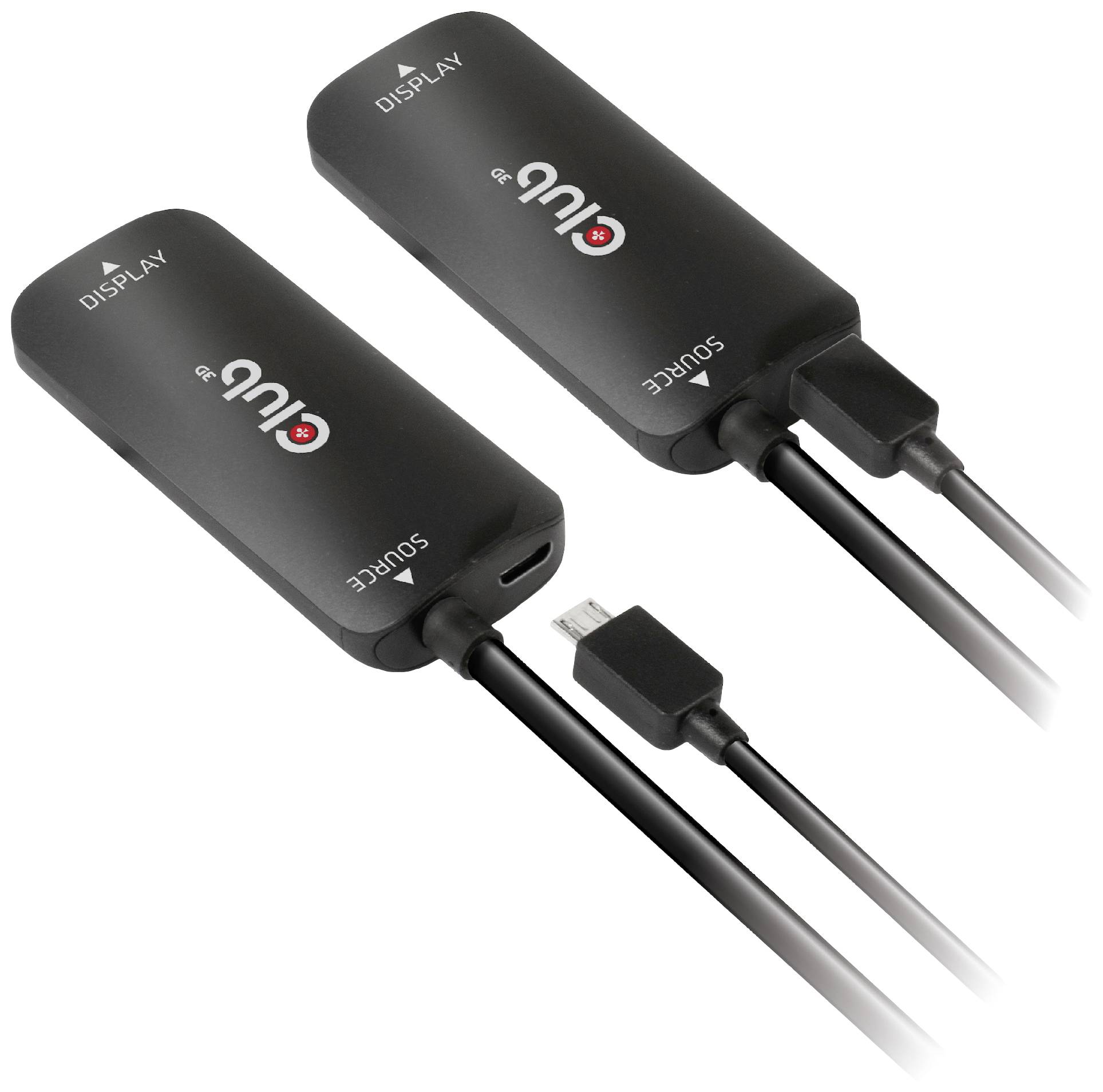 Dva černé HDMI adaptéry s nápisem 'DISPLAY' a 'SOURCE', propojené krátkým kabelem s USB konektorem.