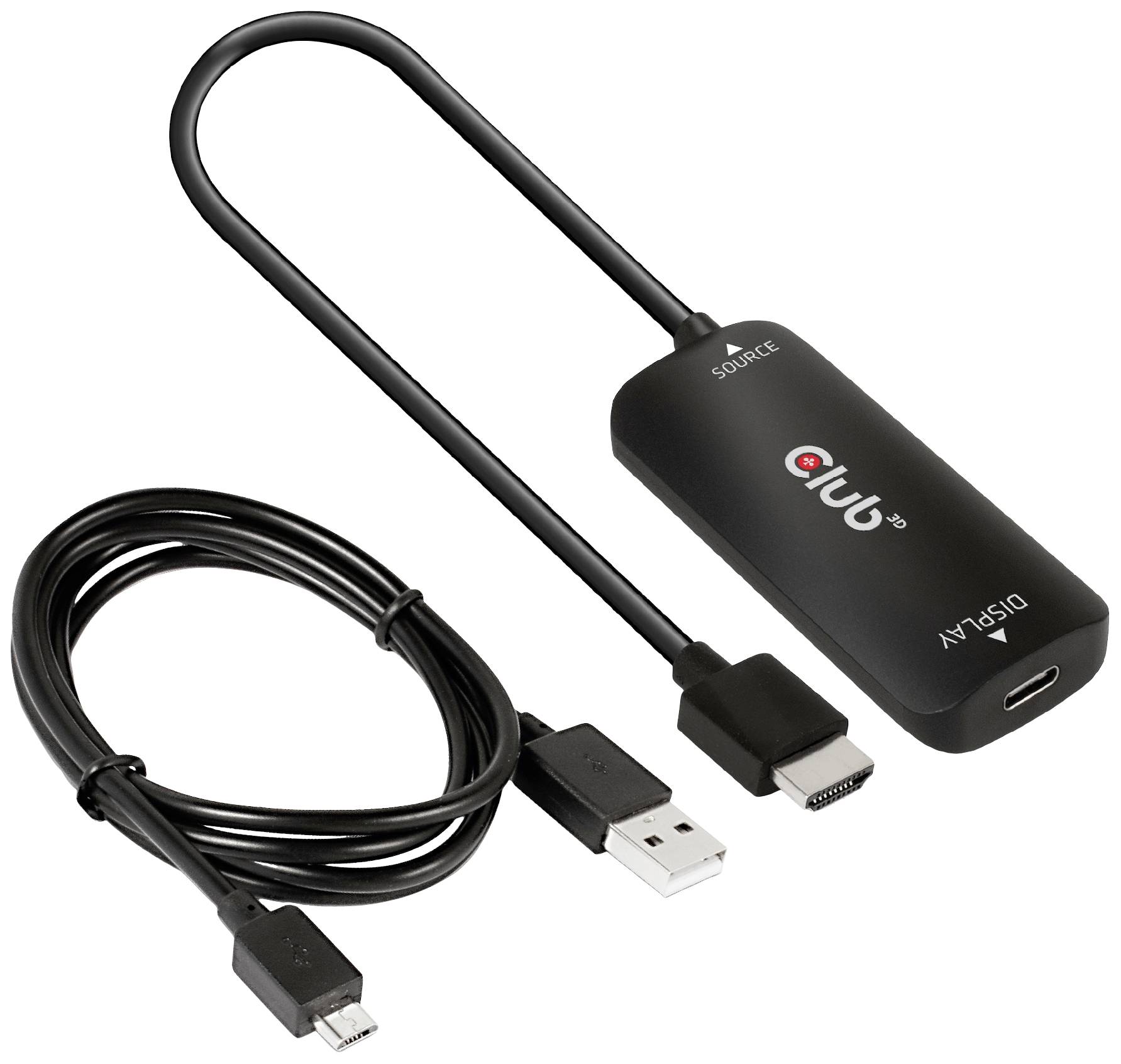 Černý adaptér s USB-A a HDMI portem a samostatný USB kabel. Na adaptéru je vyznačeno označení 'club'.