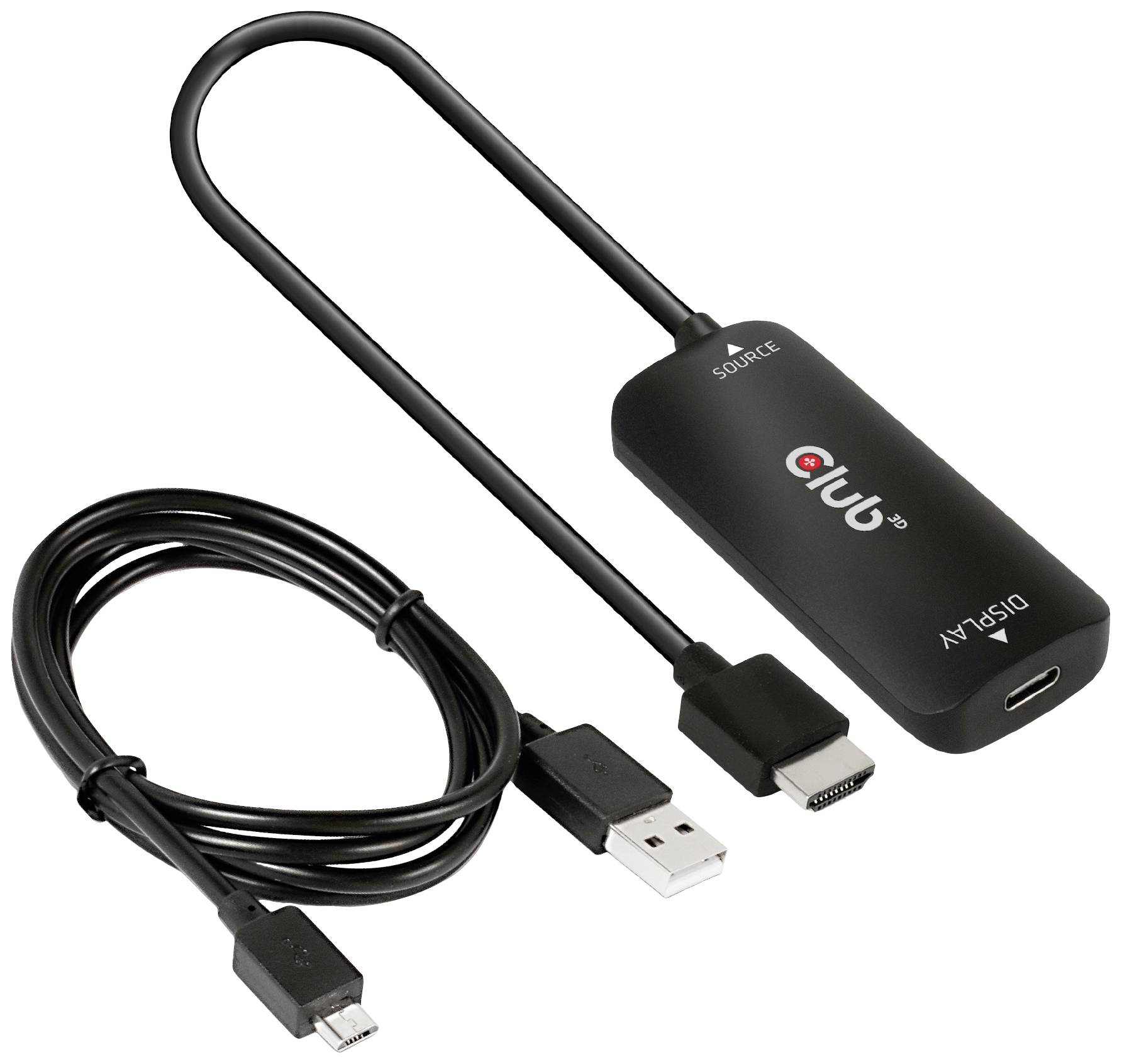 USB-HDMI převodník s černým kabelem a konektory. Umožňuje připojení USB zařízení k HDMI displejům.