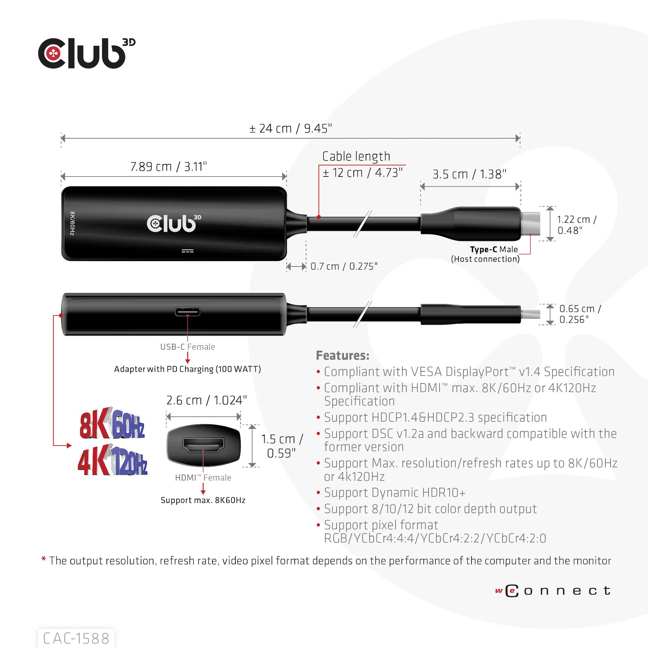 Černý USB-C na HDMI adaptér s rozměry a specifikacemi. Podporuje 8K/60Hz a 4K/120Hz. Logo značky 'Club 3D'.